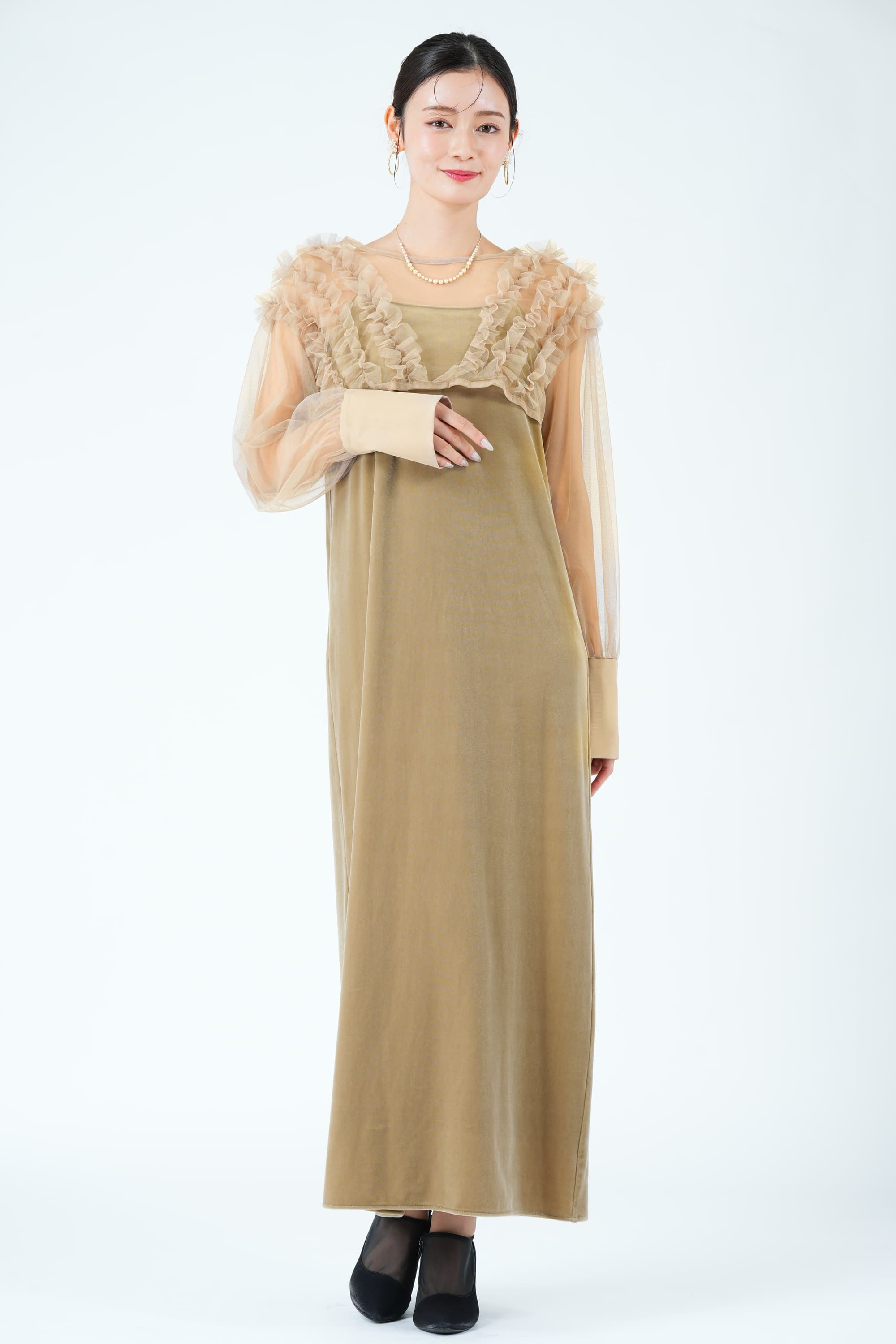 CAPRICIEUX LE'MAGE エアリーチュール×ベロアベージュドレス (M) を