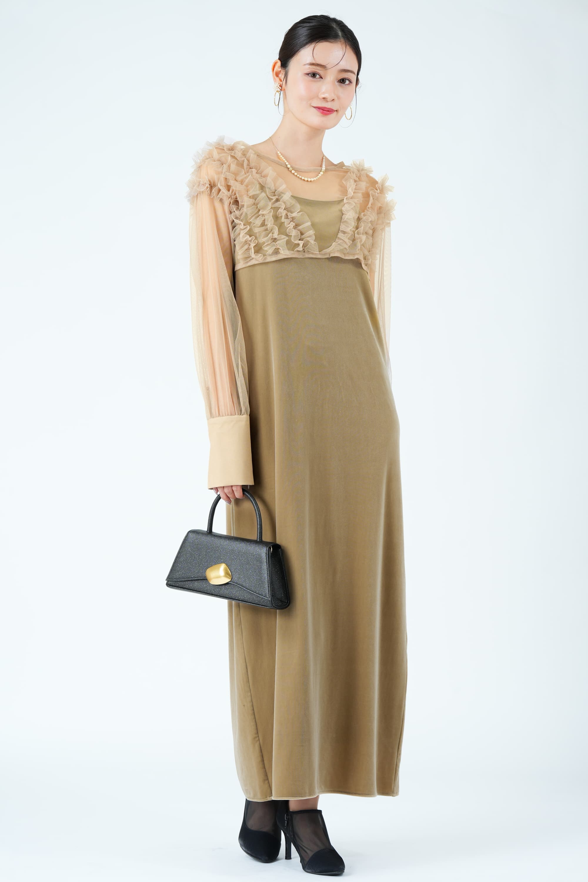 CAPRICIEUX LE'MAGE エアリーチュール×ベロアベージュドレス (M) を