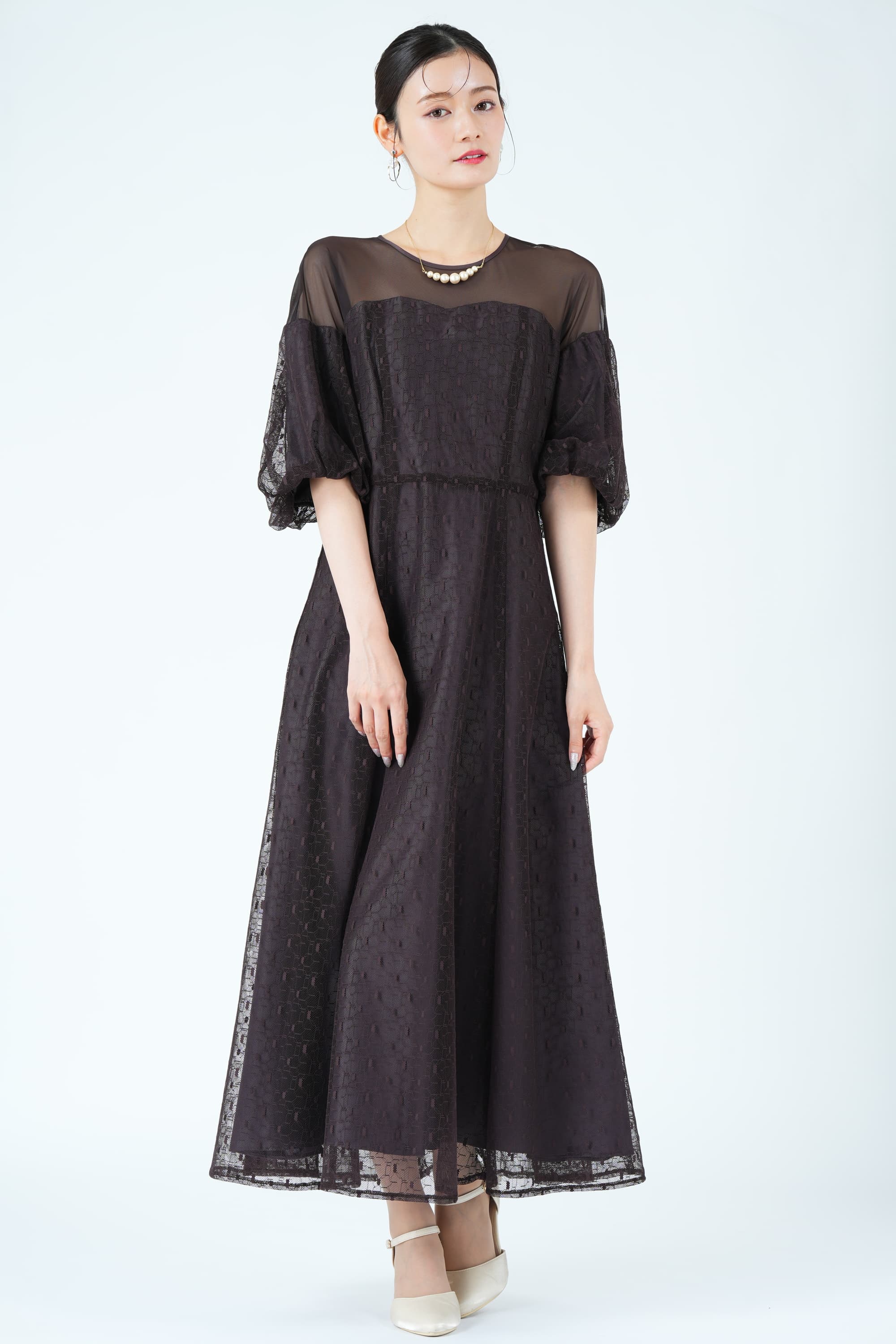 URBAN RESEARCH ROSSO 幾何学レース×パフスリーブブラウンドレス (M