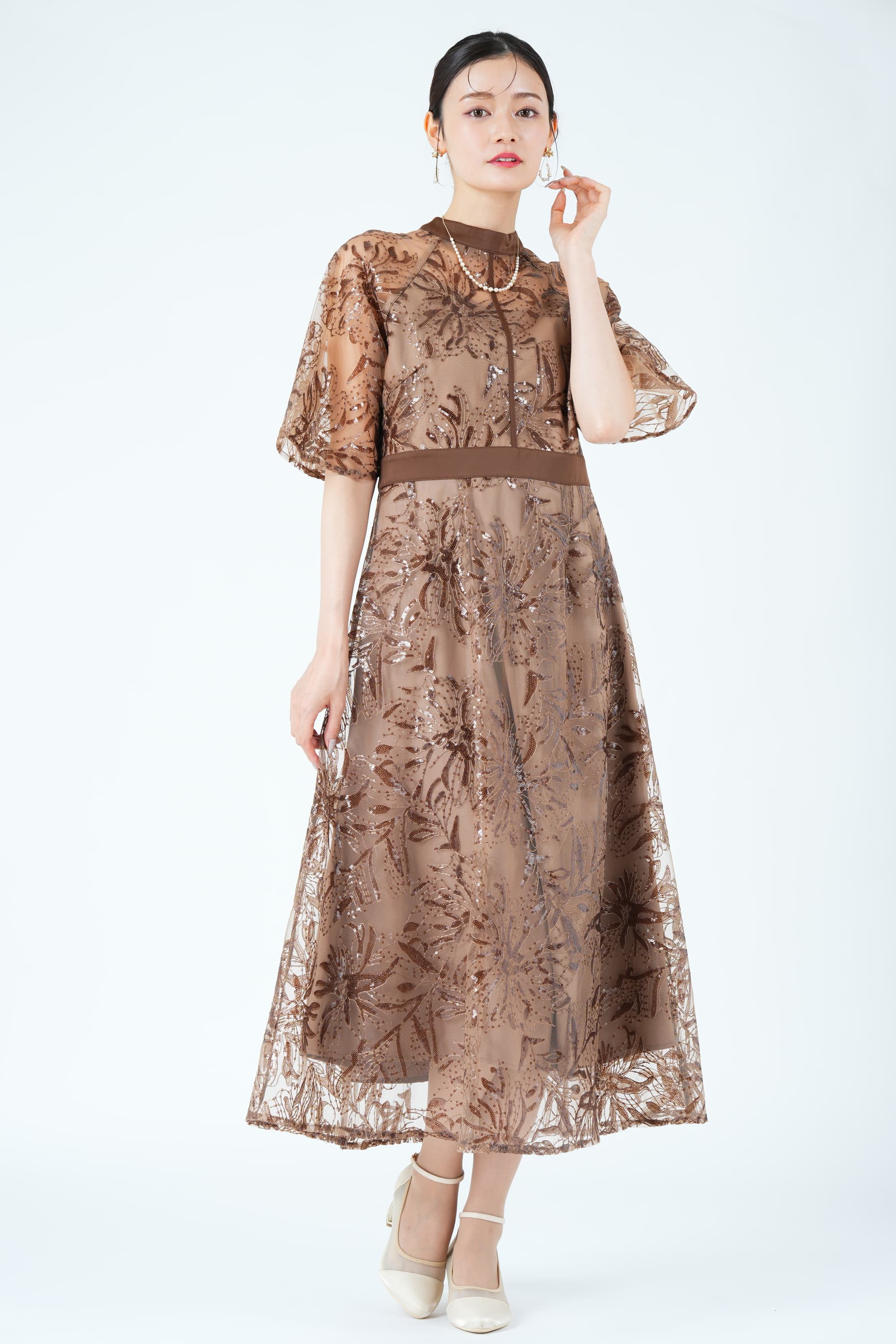 【送料関税込】MARCHESA NOTTE スパンコールガウン 花柄 正統派古典 薄紫/くすみカラー 清楚 ノスタルジア 上品 大人っ