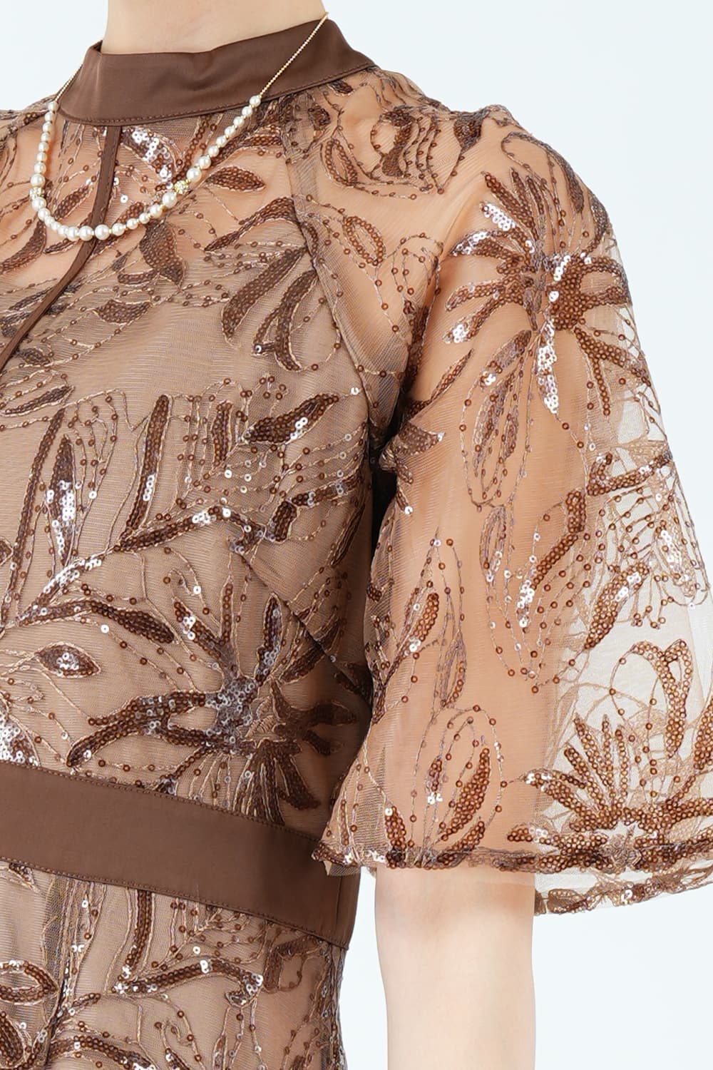 フラワー刺繍スパンコールブラウンドレス