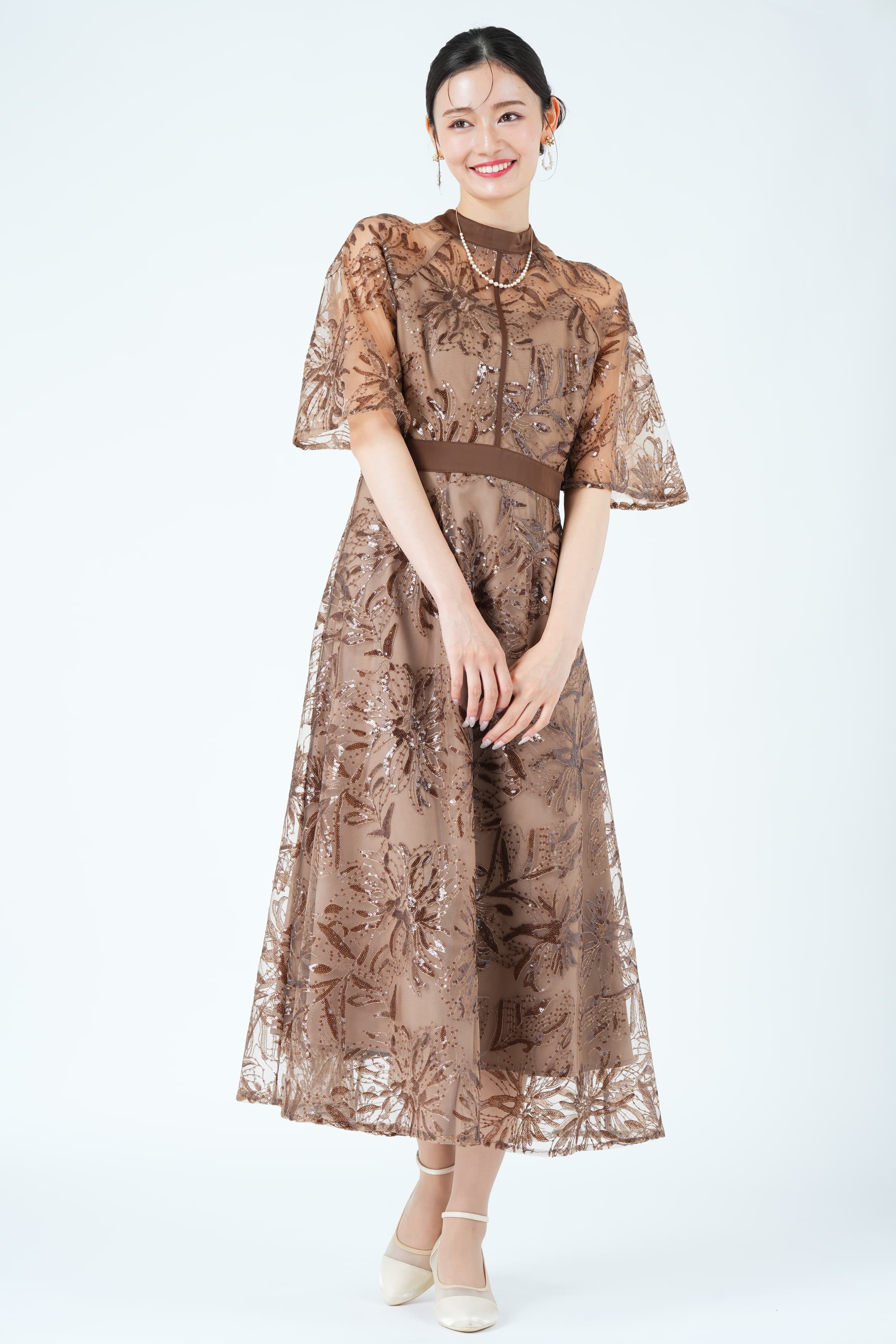 フラワー刺繍スパンコールブラウンドレス
