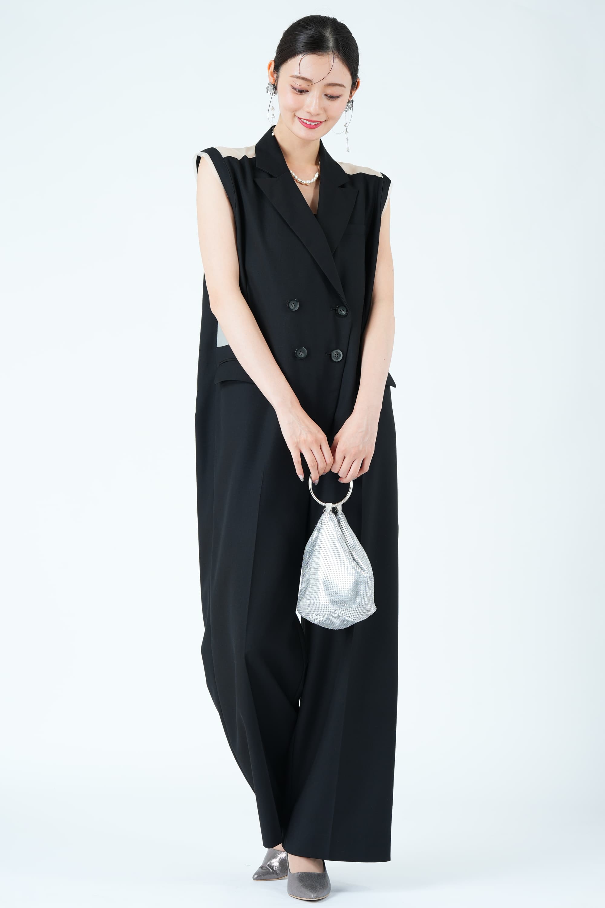 ダブルボタンジャケット風ブラックパンツドレス