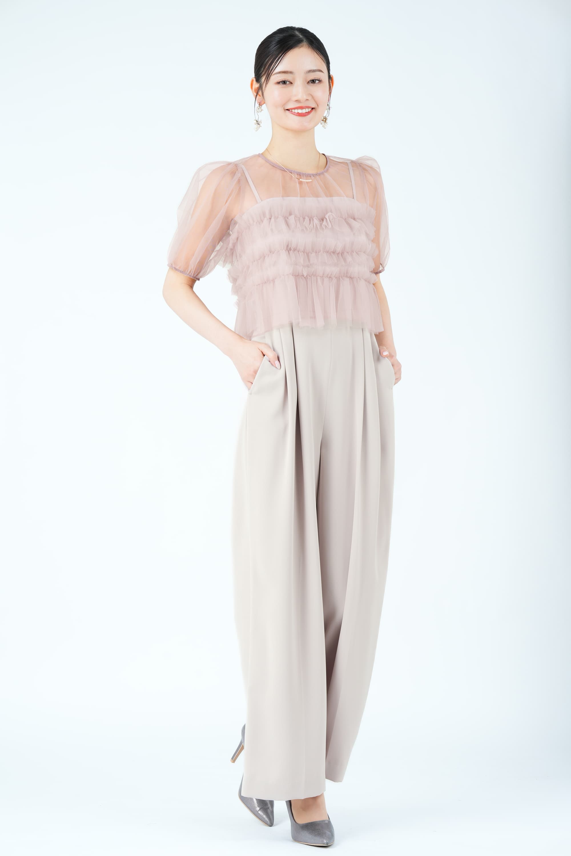 シアーレイヤーピンクパンツドレス