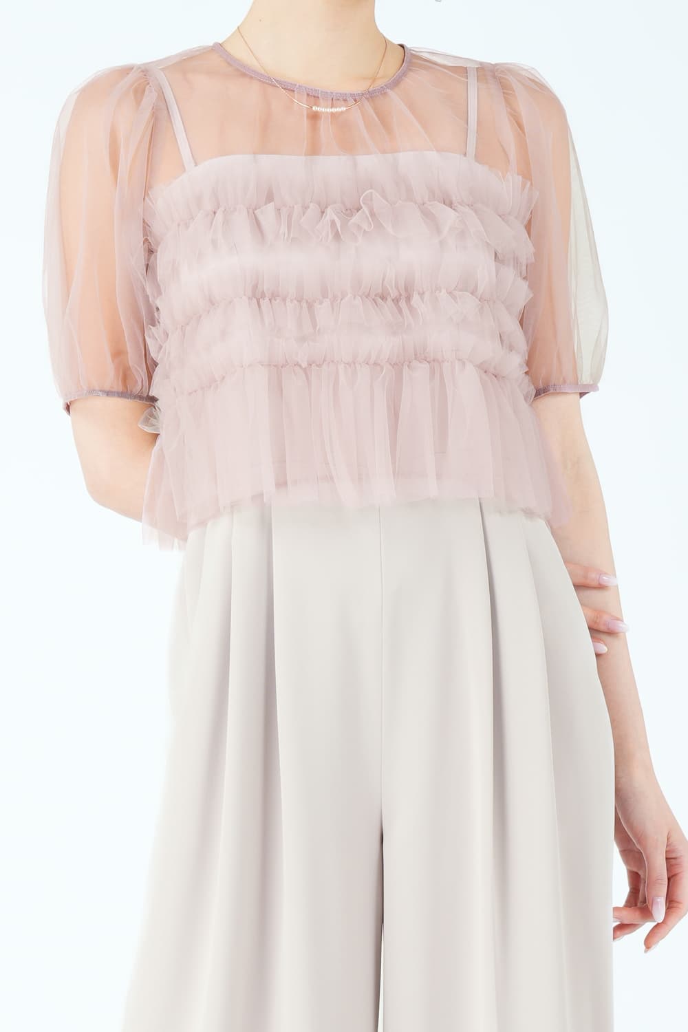 シアーレイヤーピンクパンツドレス