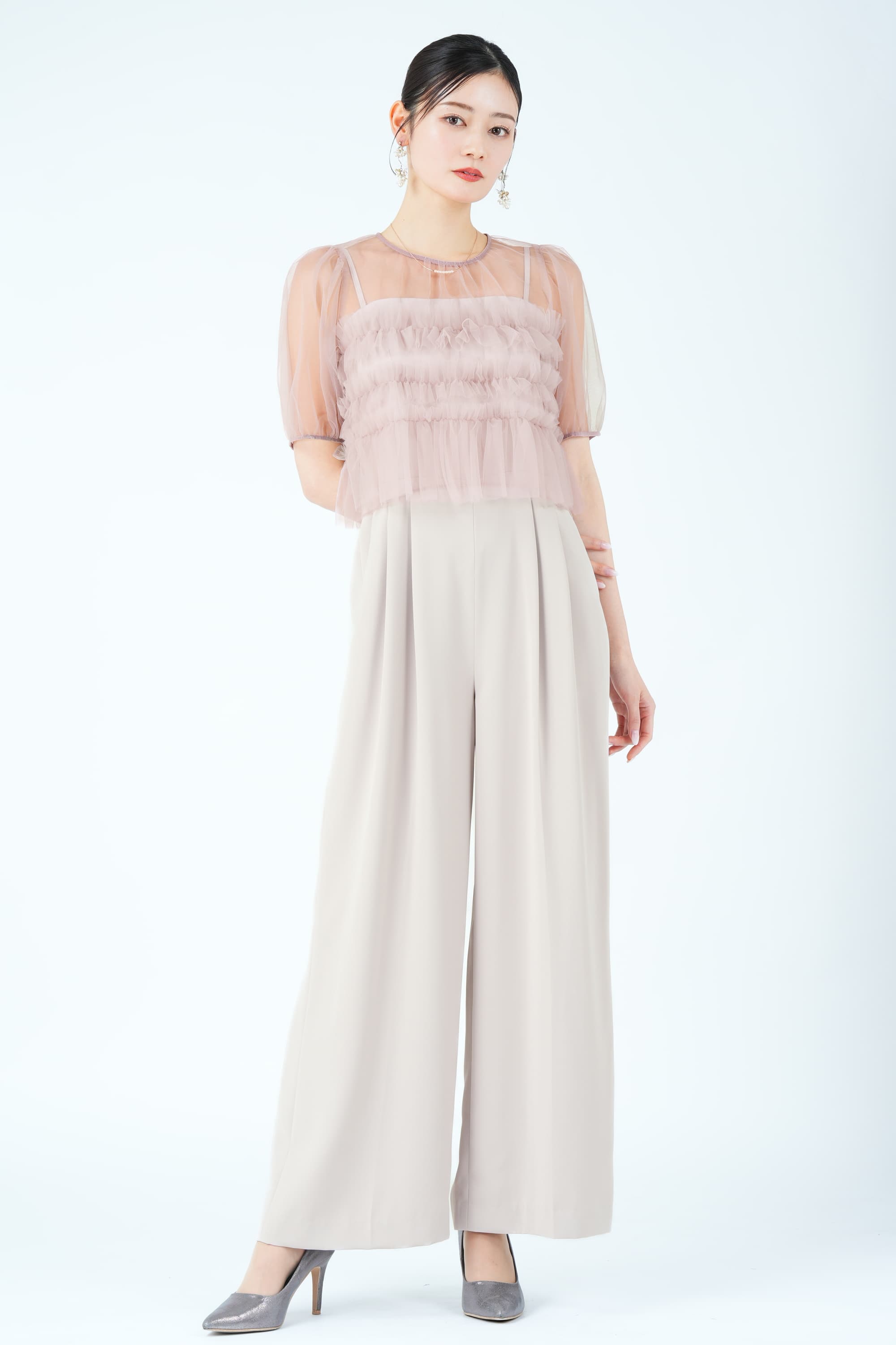 シアーレイヤーピンクパンツドレス