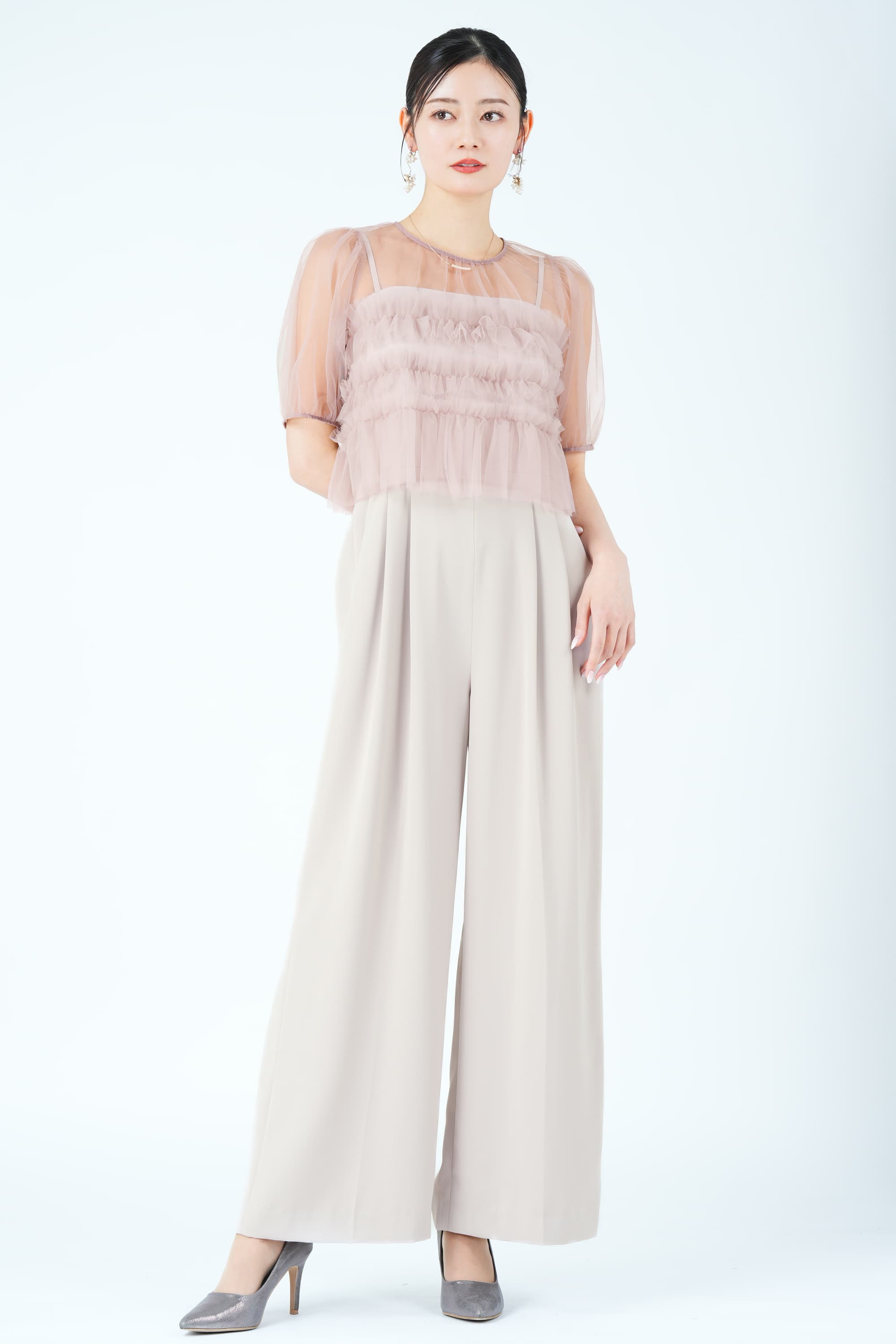 シアーレイヤーピンクパンツドレス