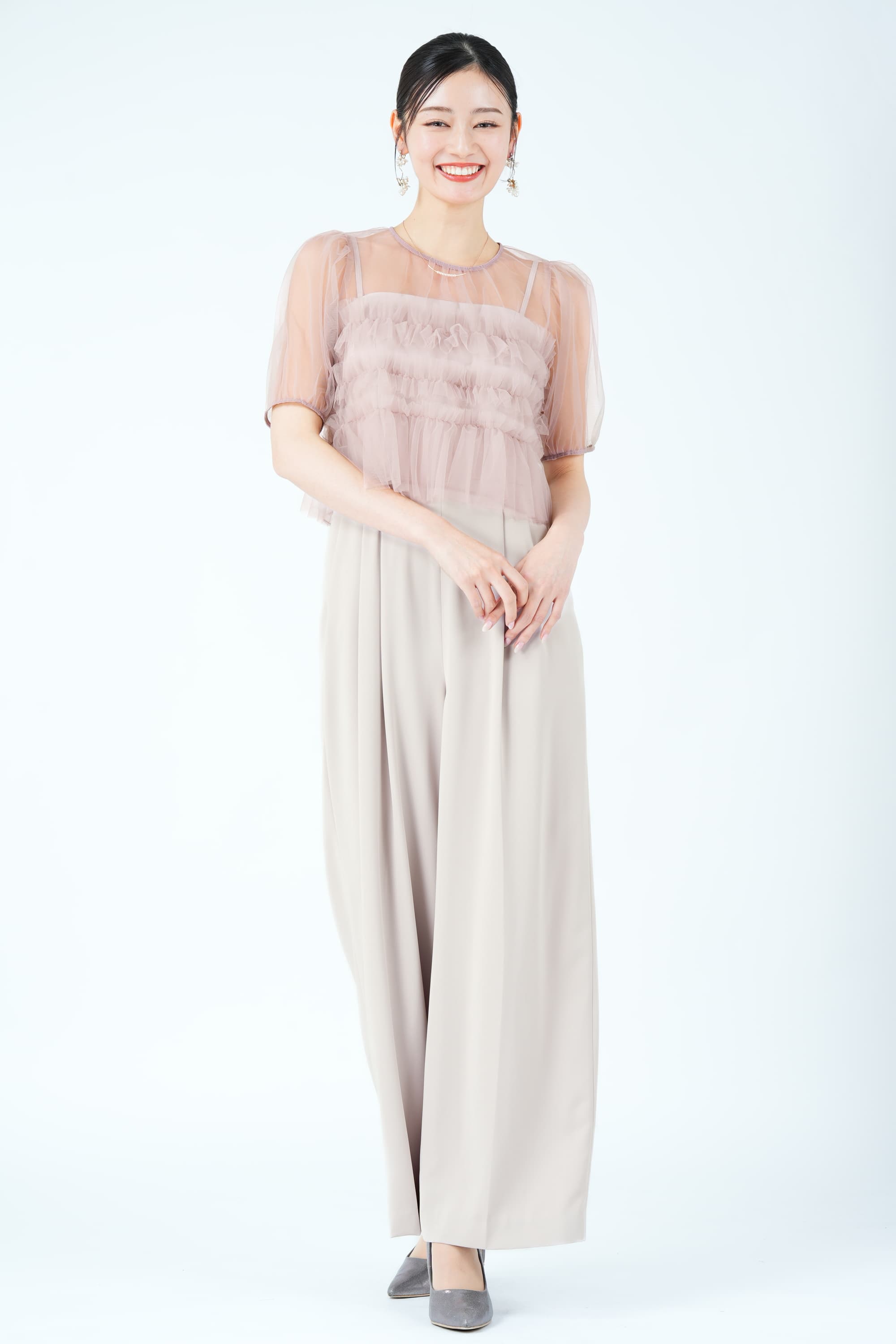 シアーレイヤーピンクパンツドレス