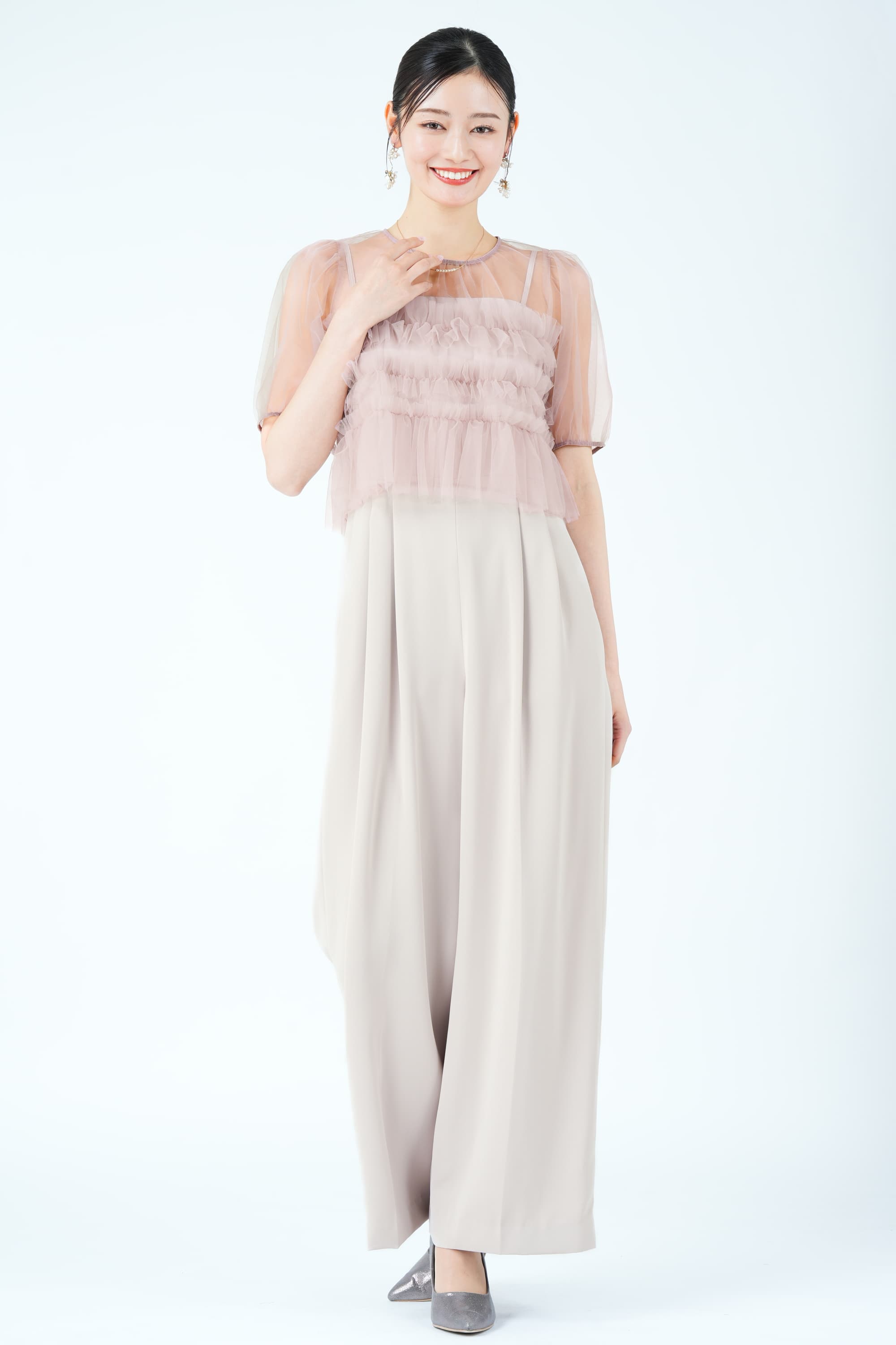 シアーレイヤーピンクパンツドレス