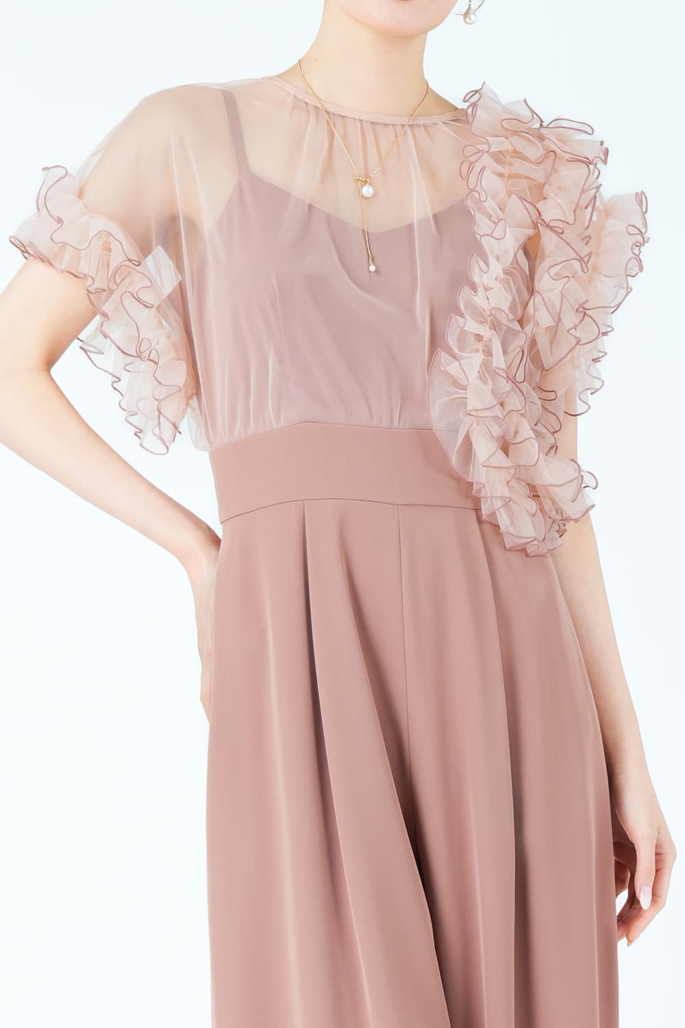 メローチュールフリル袖ピンクパンツドレス