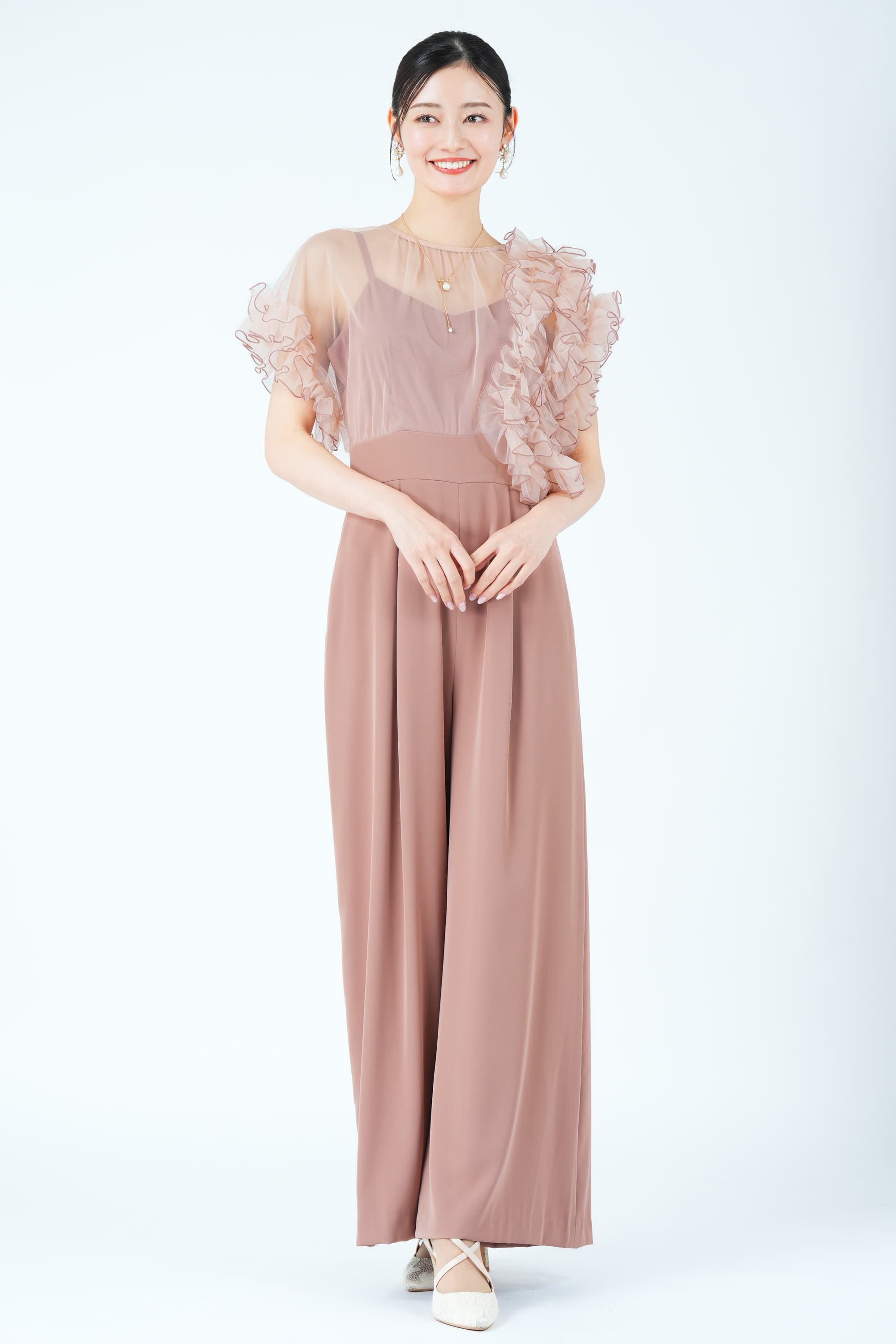 メローチュールフリル袖ピンクパンツドレス