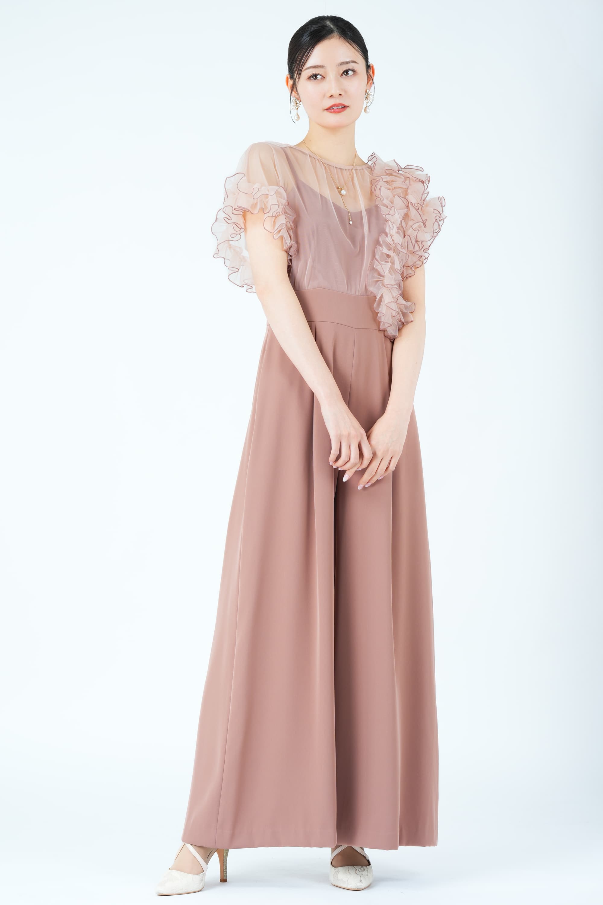 メローチュールフリル袖ピンクパンツドレス