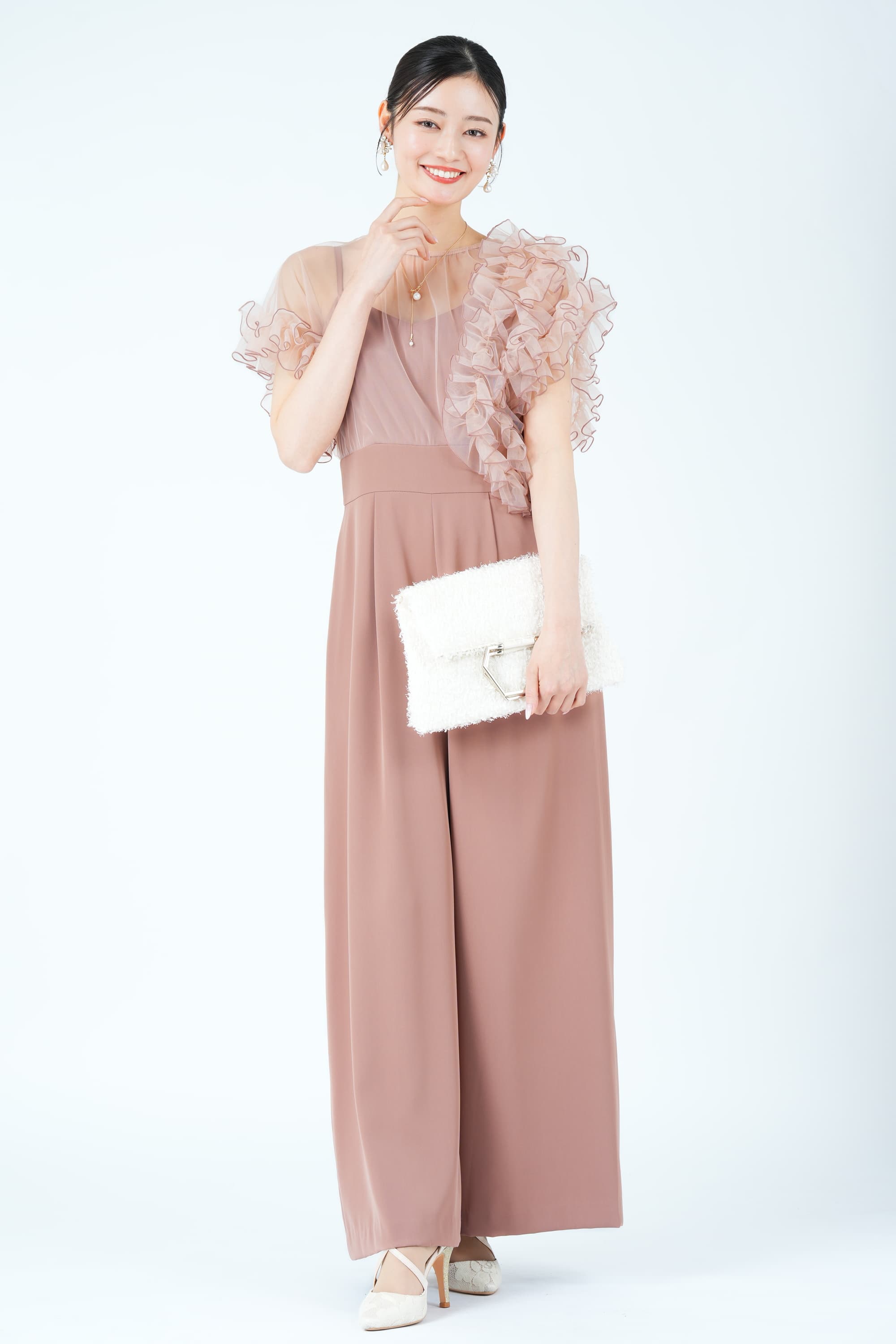 メローチュールフリル袖ピンクパンツドレス