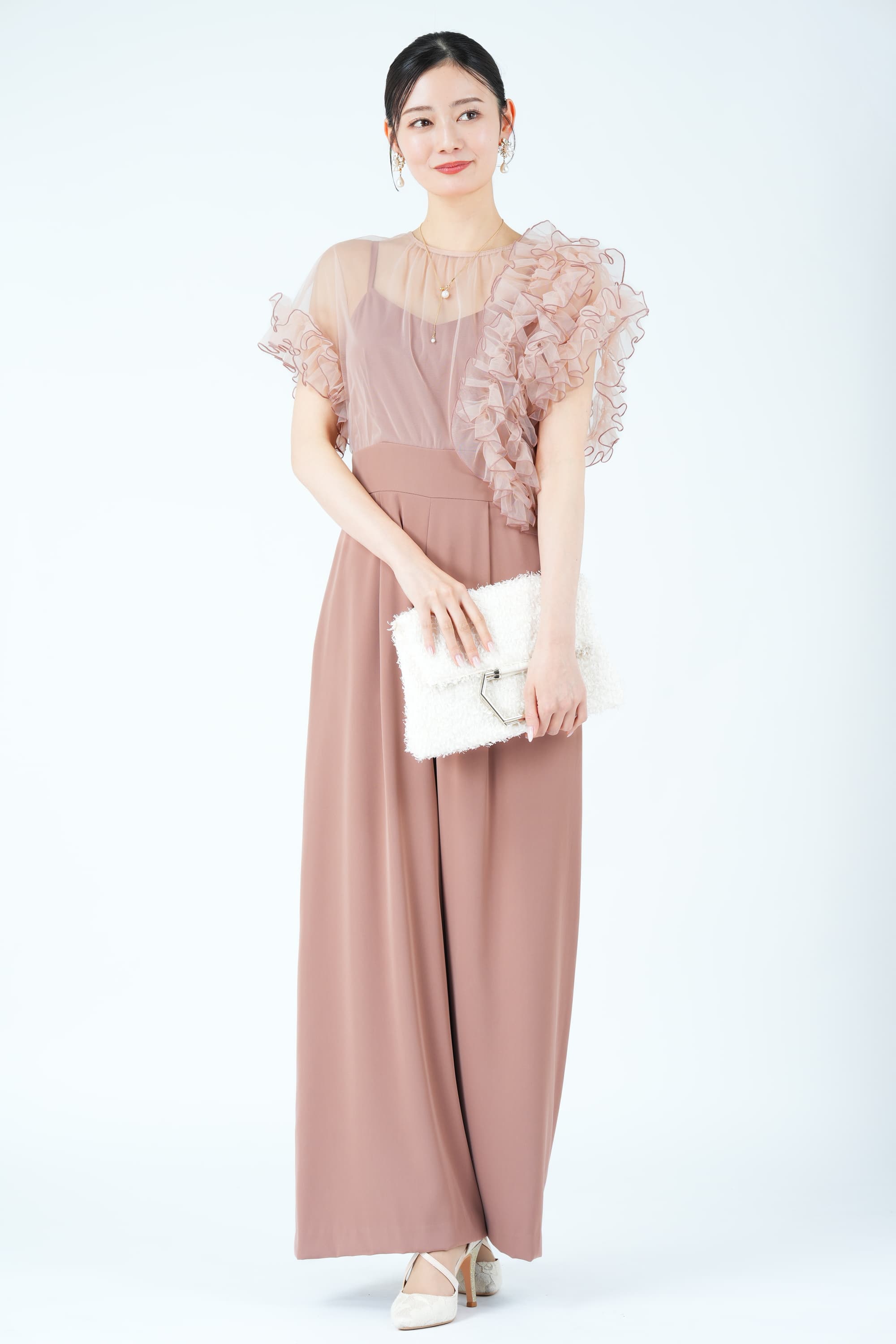 メローチュールフリル袖ピンクパンツドレス