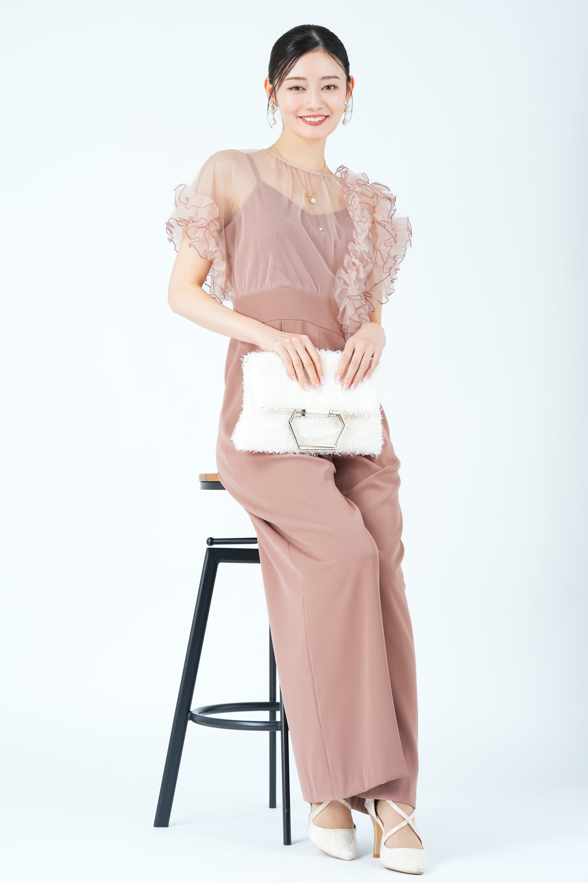 メローチュールフリル袖ピンクパンツドレス