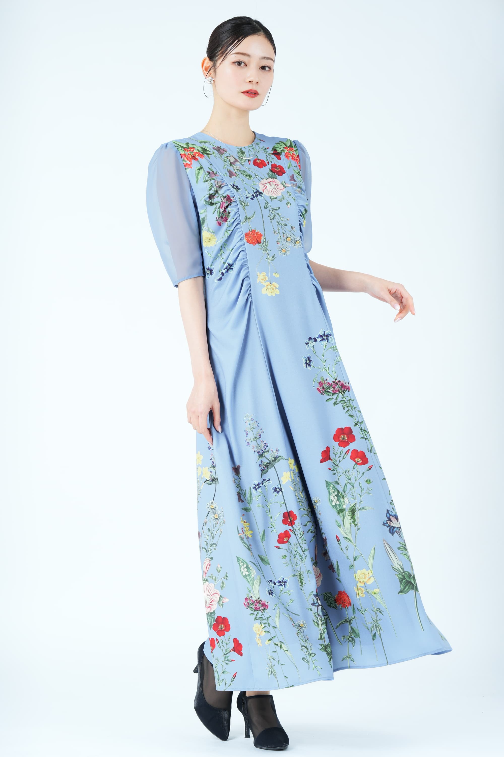 ボタニカルブルーム柄ブルードレス