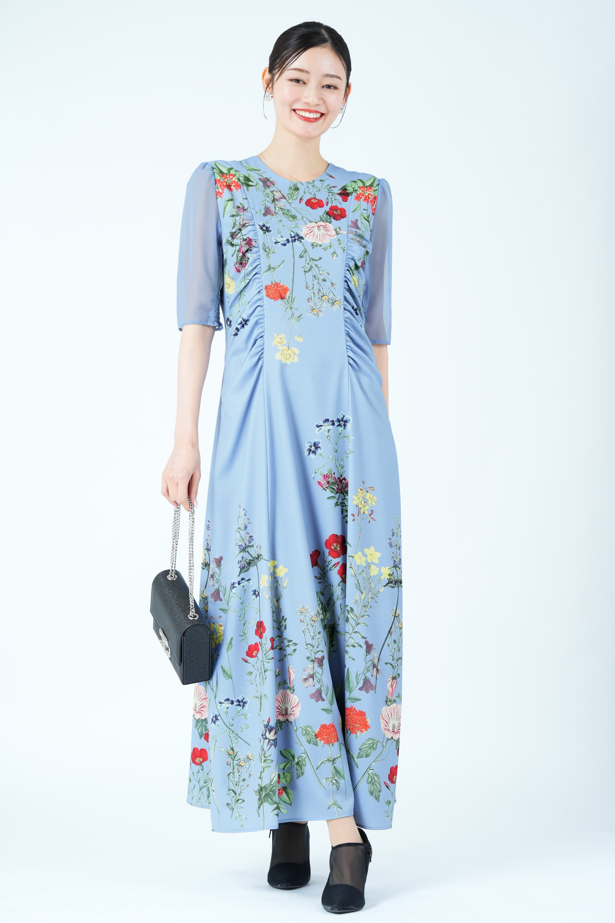ボタニカルブルーム柄ブルードレス