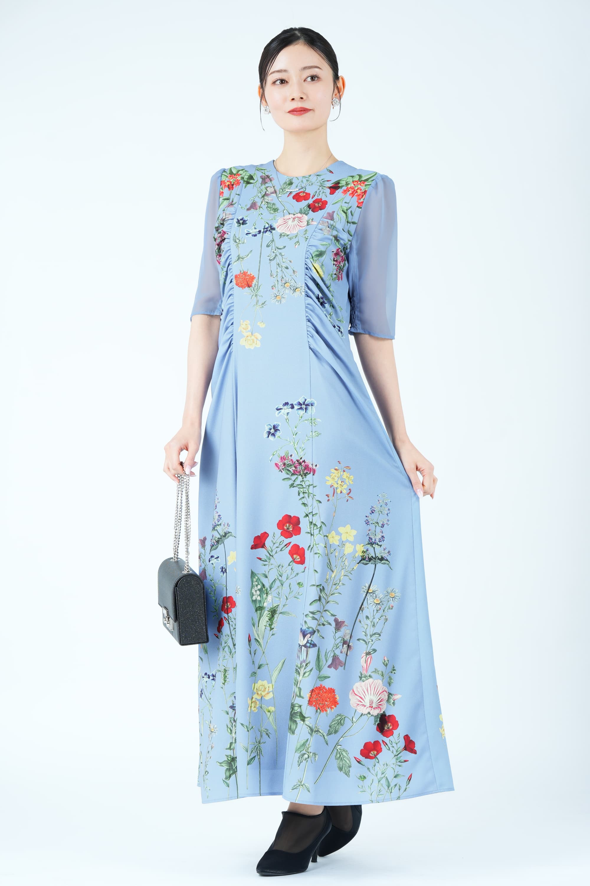 ボタニカルブルーム柄ブルードレス