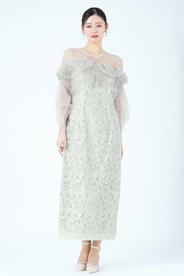 チュールフリル切り替えジャガードミントグリーンドレス