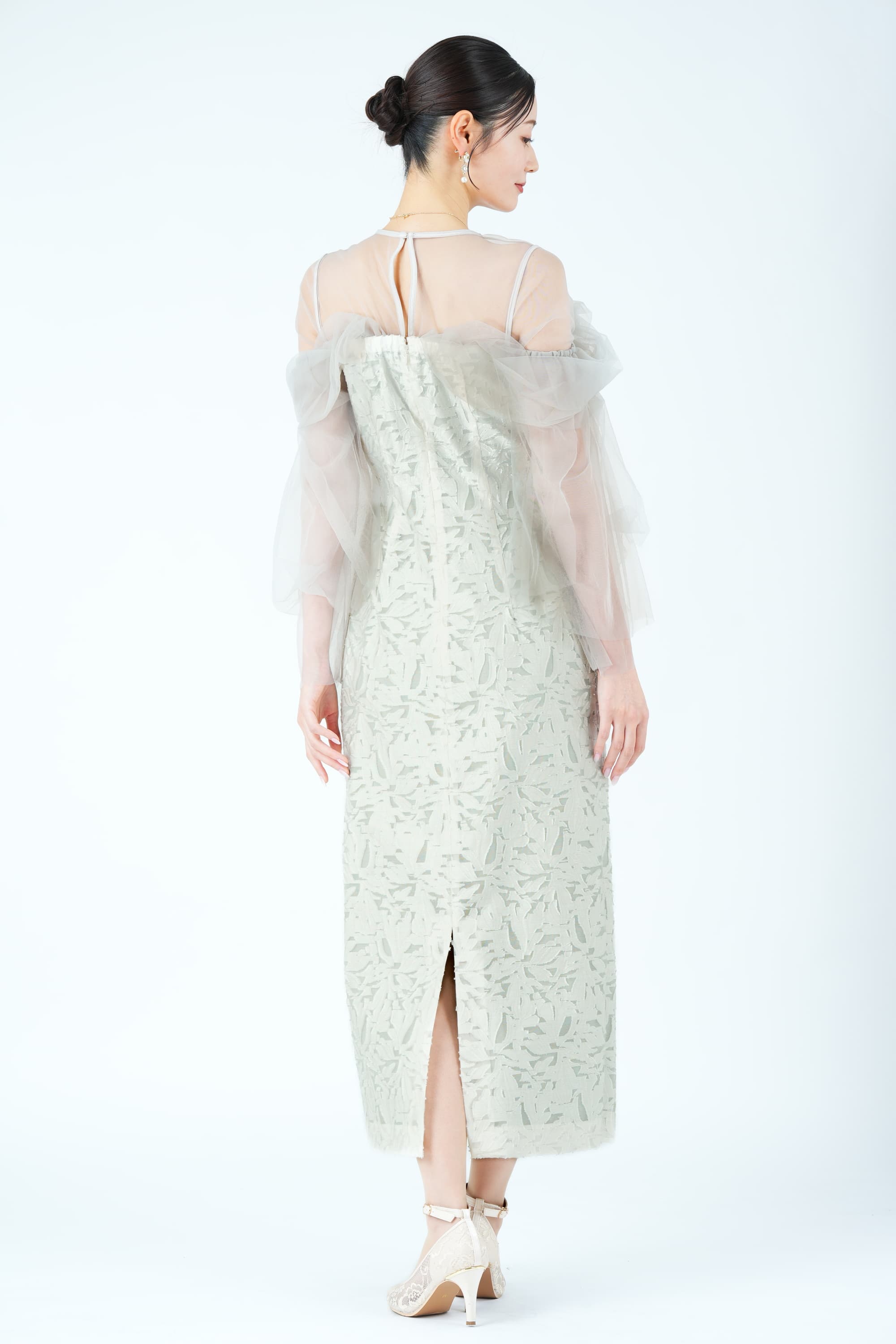 チュールフリル切り替えジャガードミントグリーンドレス