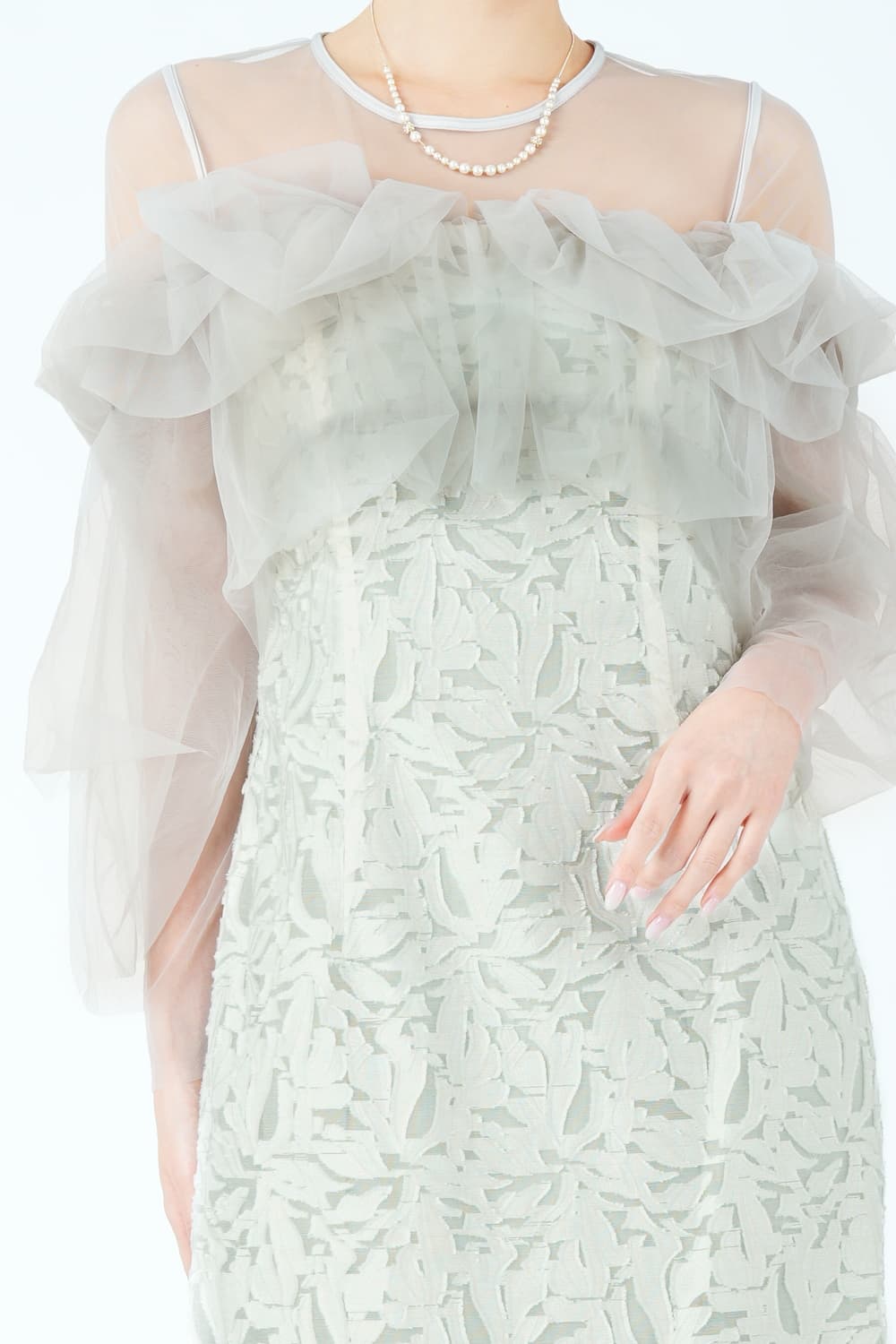 チュールフリル切り替えジャガードミントグリーンドレス