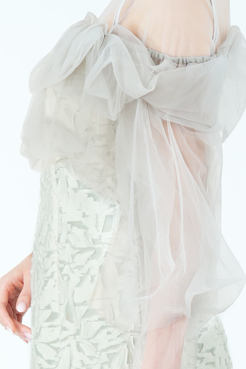 チュールフリル切り替えジャガードミントグリーンドレス