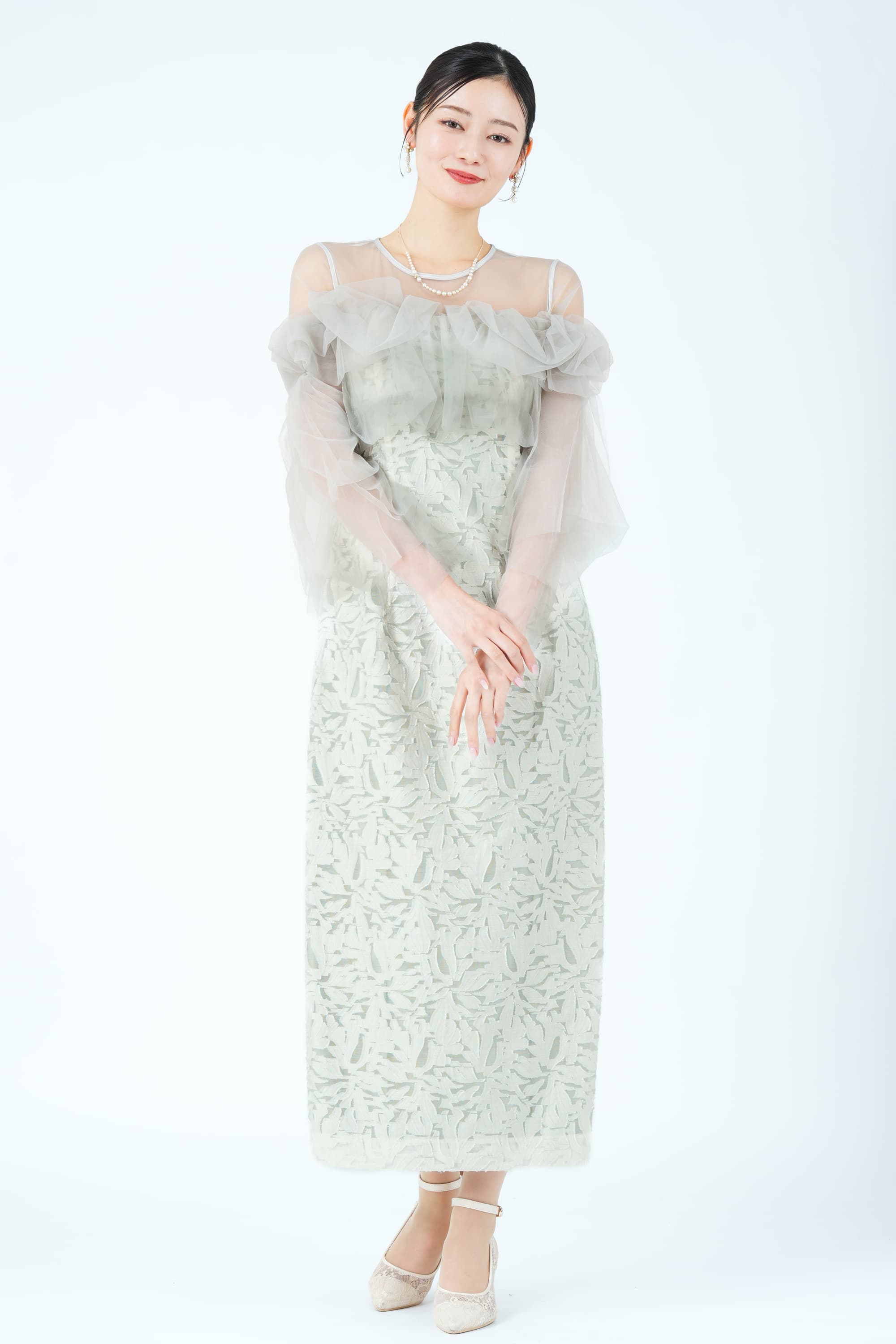 チュールフリル切り替えジャガードミントグリーンドレス