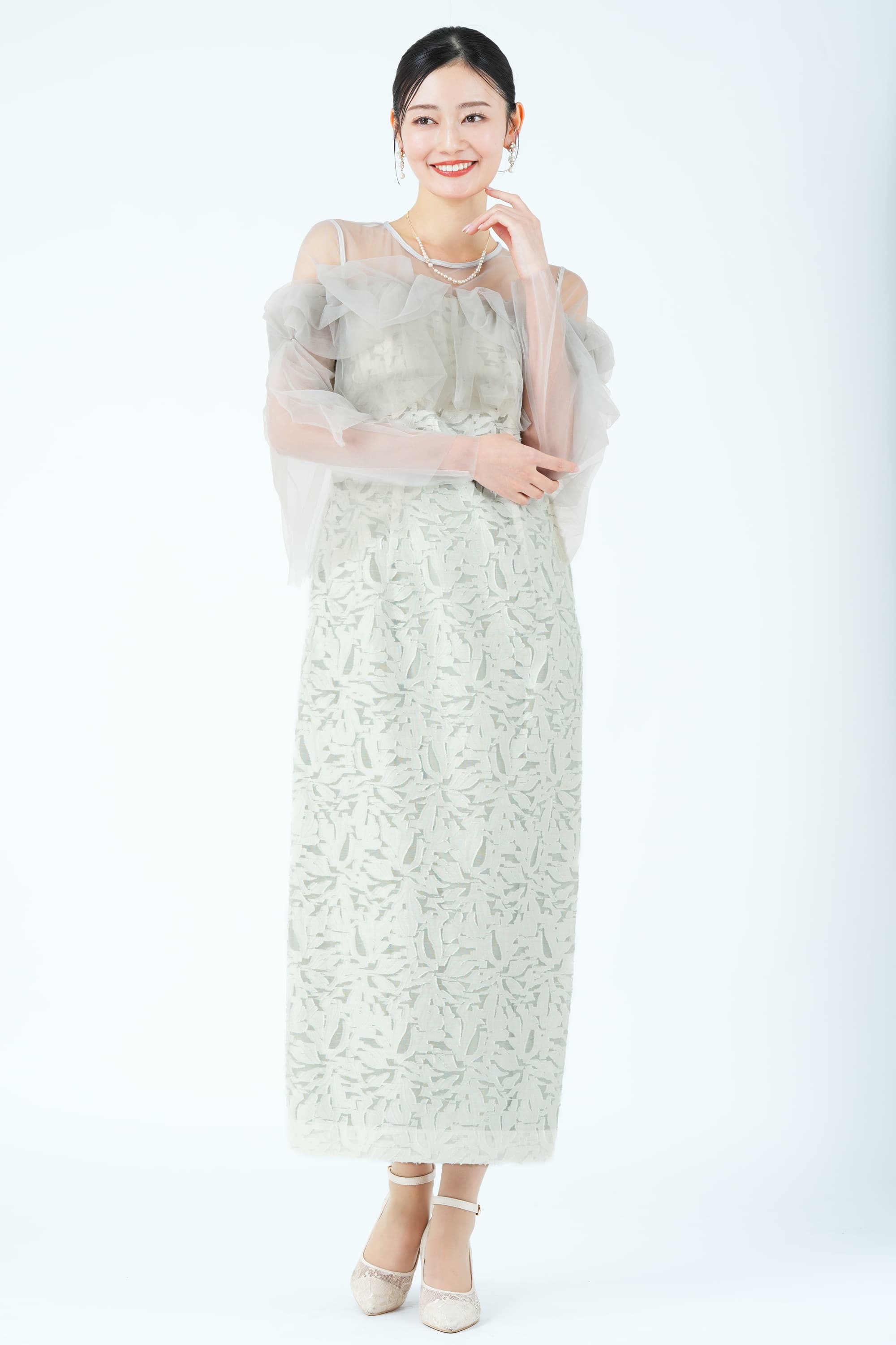 チュールフリル切り替えジャガードミントグリーンドレス