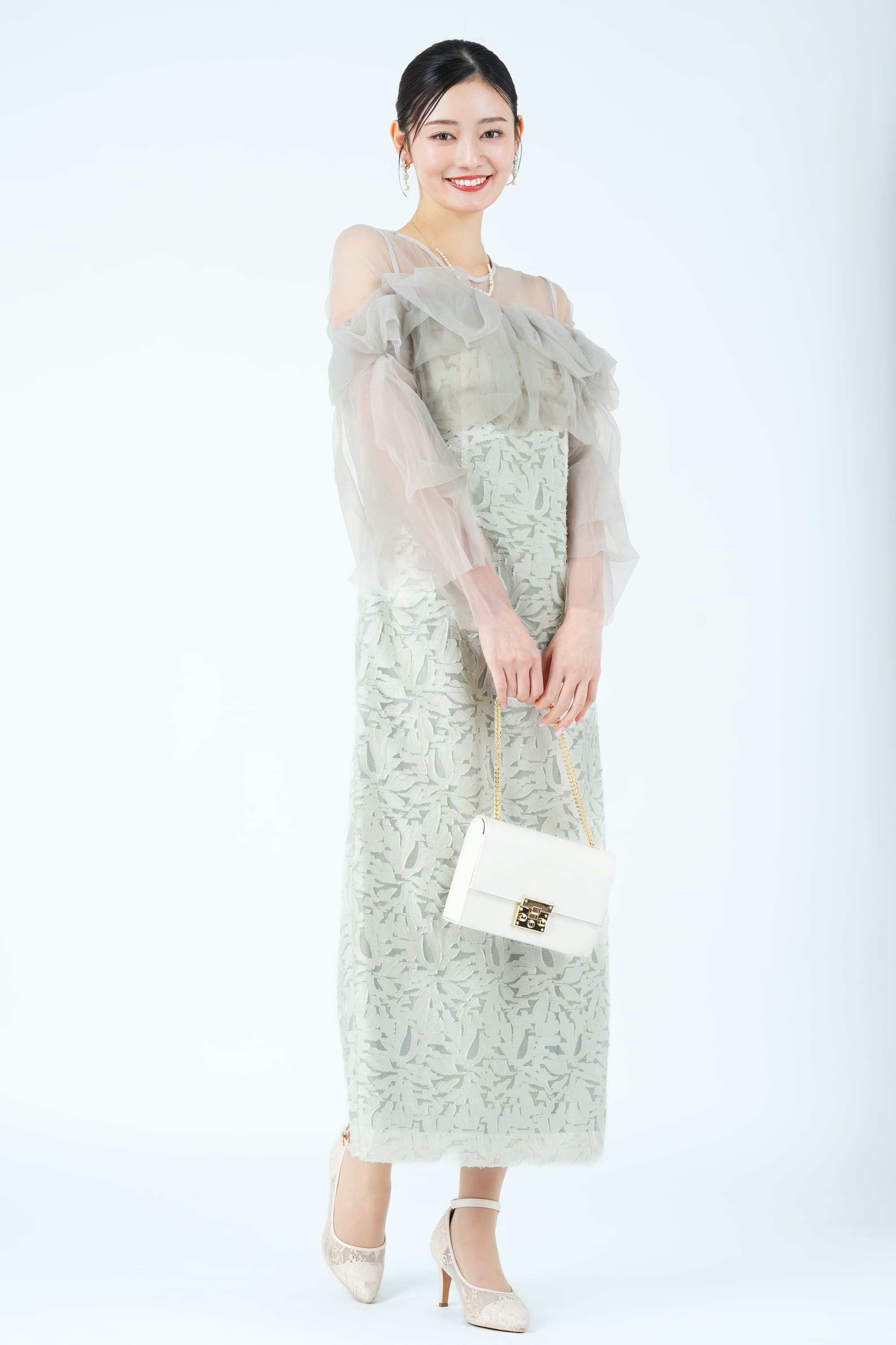 チュールフリル切り替えジャガードミントグリーンドレス