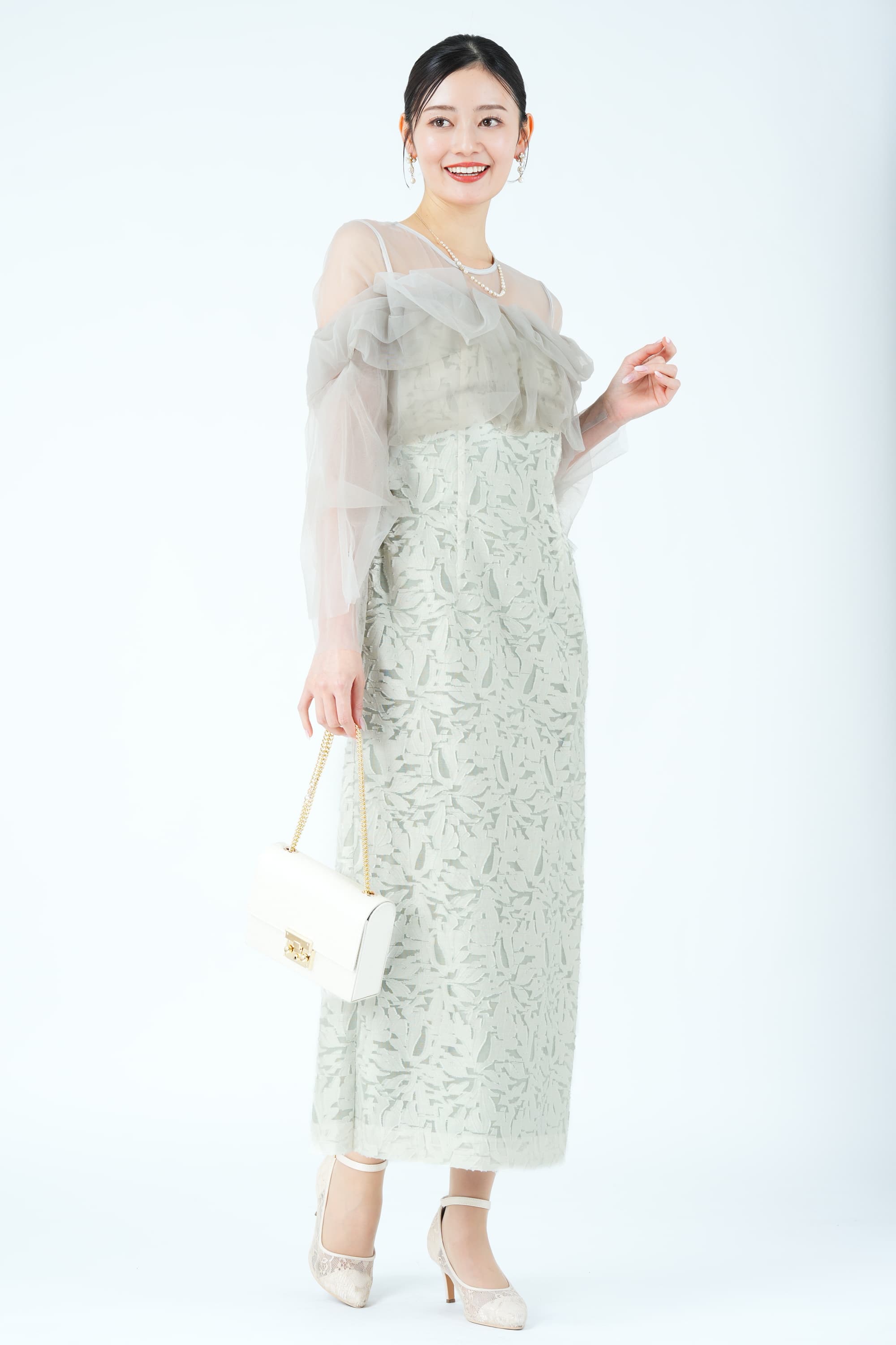 チュールフリル切り替えジャガードミントグリーンドレス