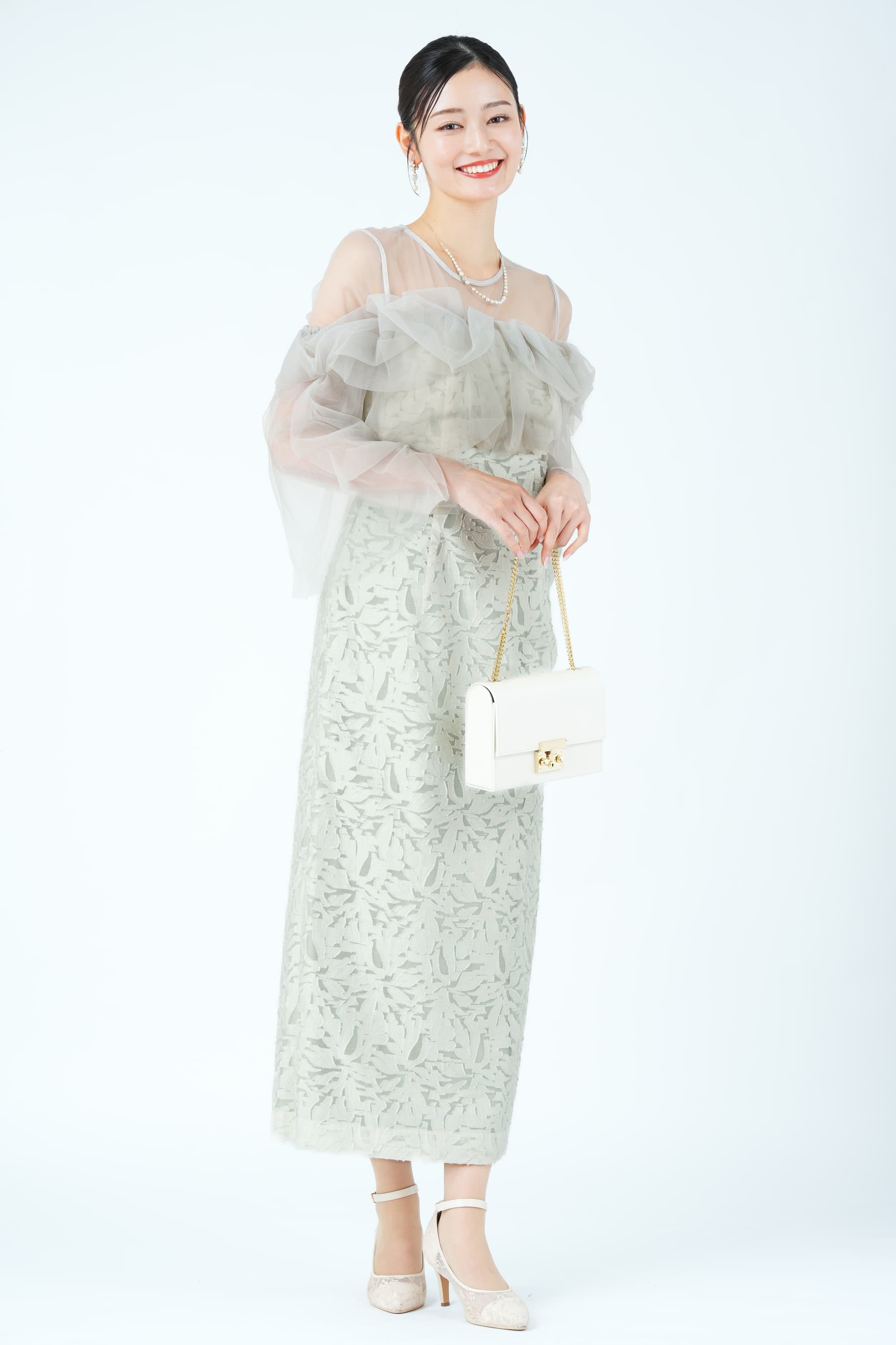 チュールフリル切り替えジャガードミントグリーンドレス