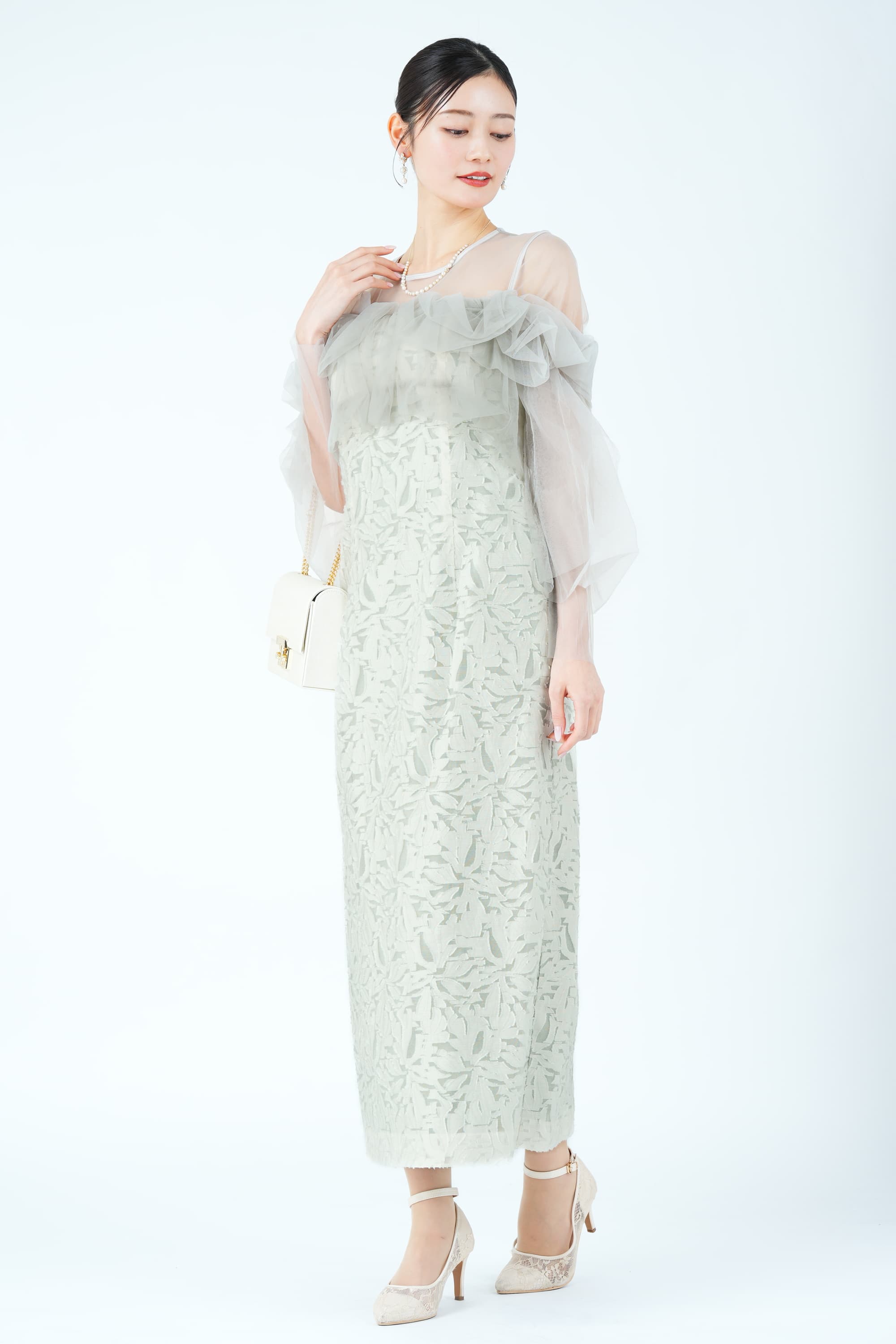 チュールフリル切り替えジャガードミントグリーンドレス