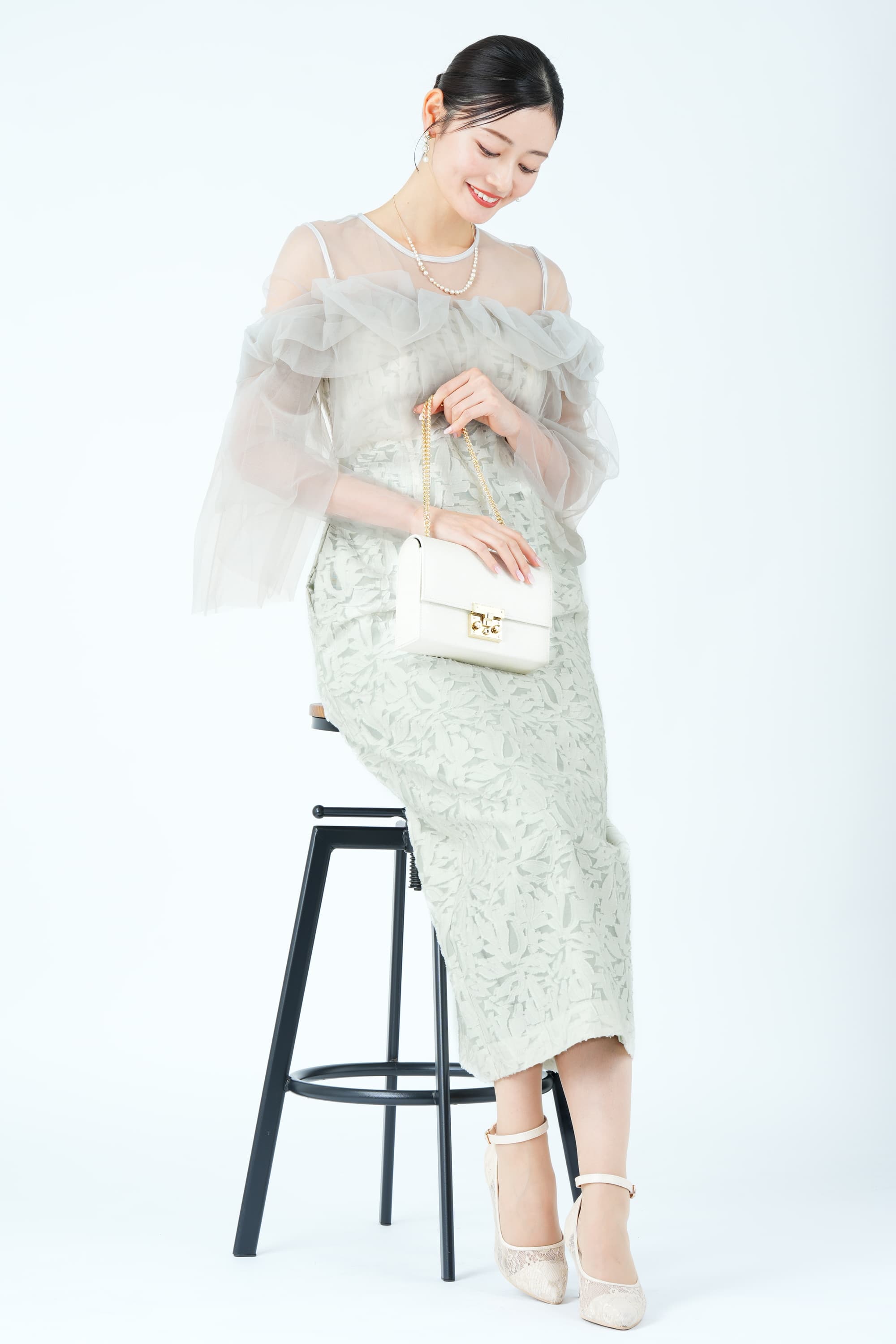 チュールフリル切り替えジャガードミントグリーンドレス