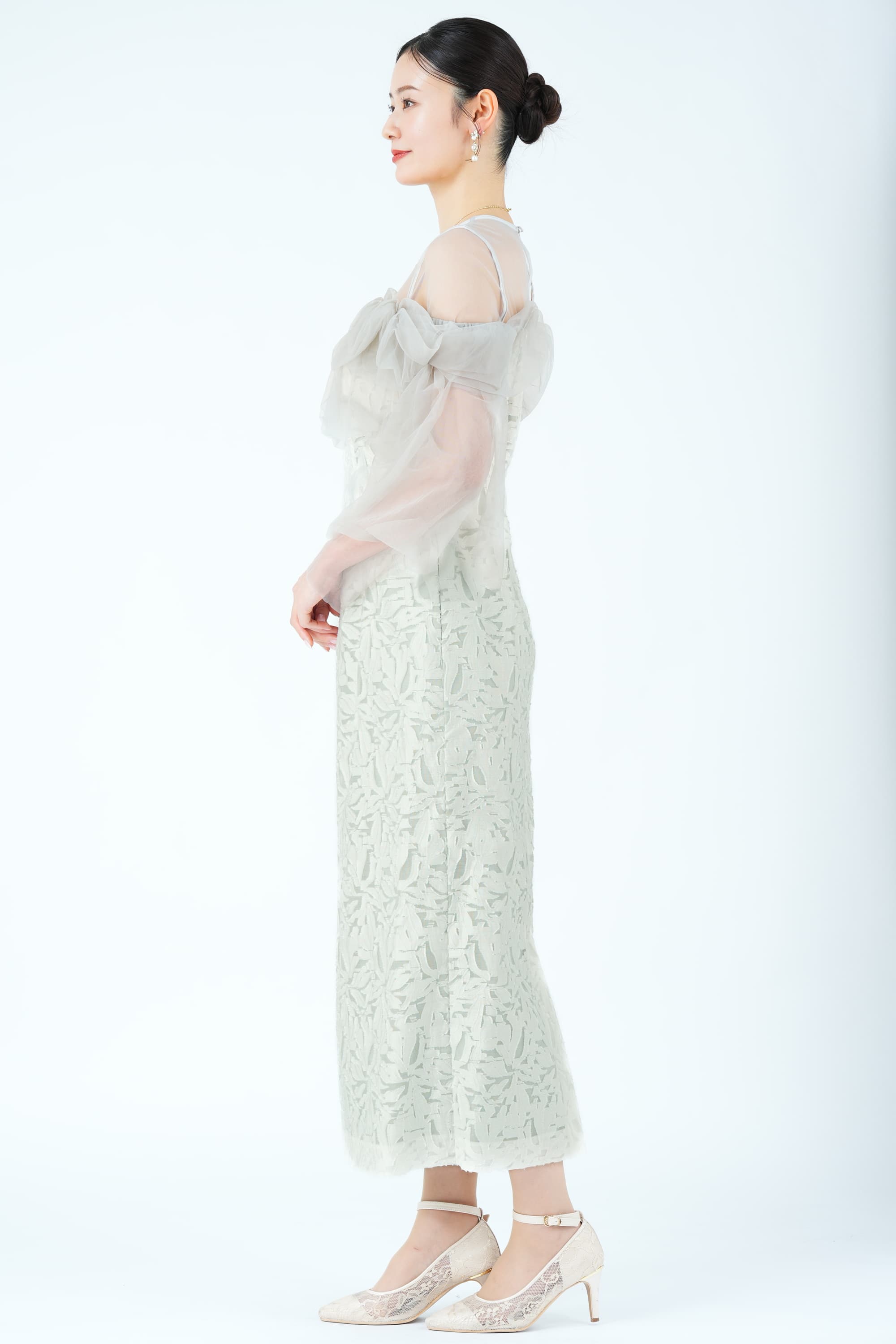 チュールフリル切り替えジャガードミントグリーンドレス