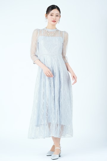 フラワー柄スパンコールレースサックスブルードレス