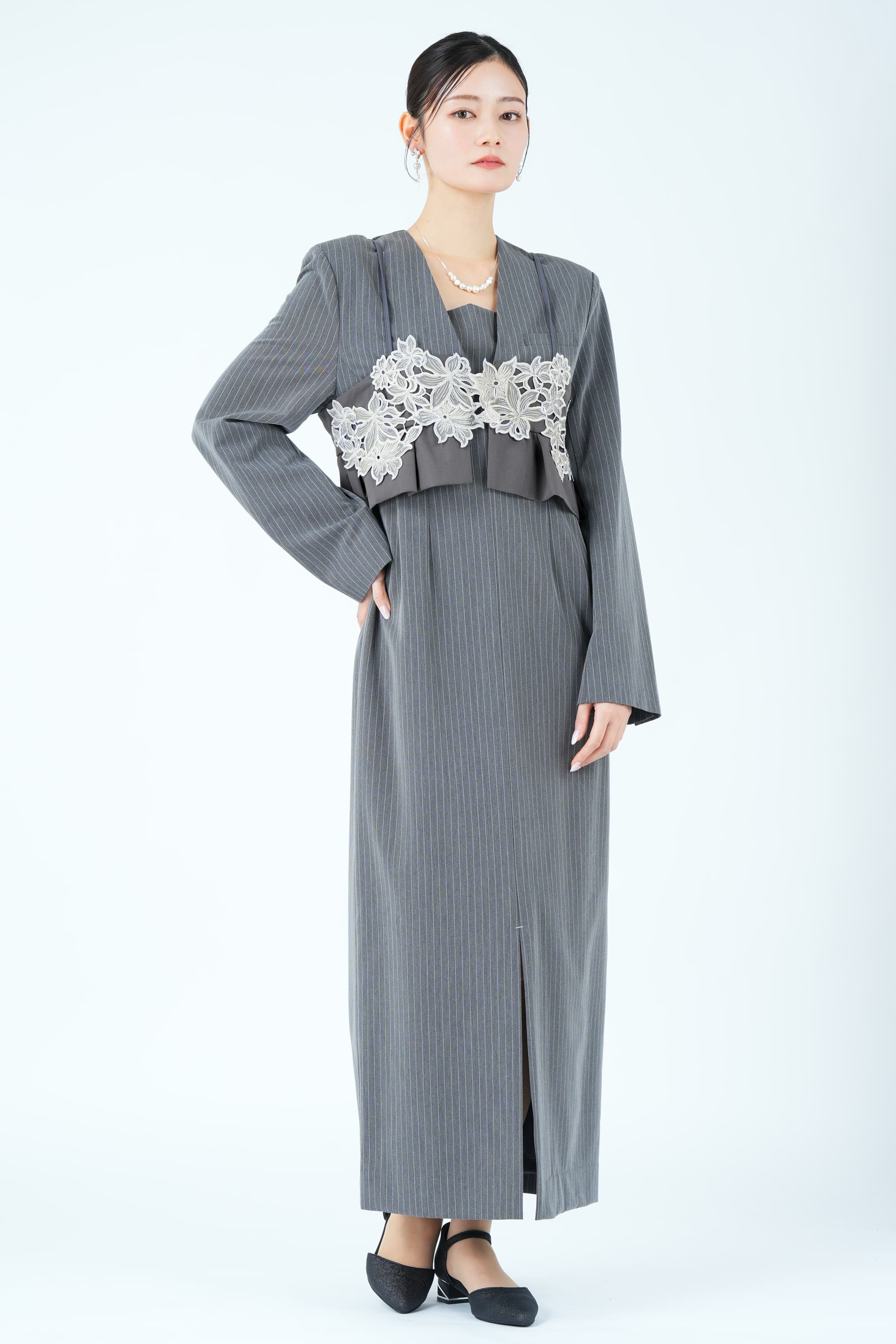 ANDRESD 刺繍ビスチェ×テーラードピンストライプグレードレス (S) を