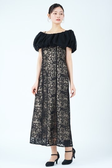 チュールスヌード付き配色レースブラックドレス