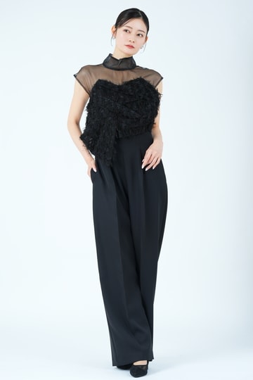 カットジャガードベアトップ風ブラックパンツドレス