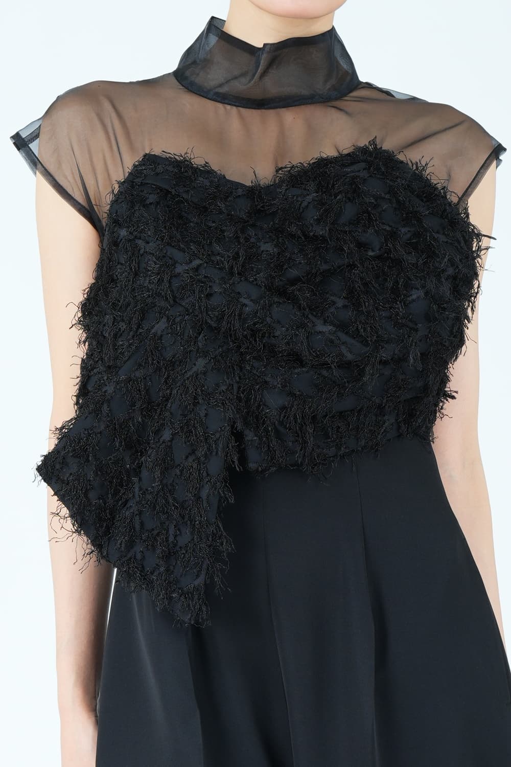 カットジャガードベアトップ風ブラックパンツドレス