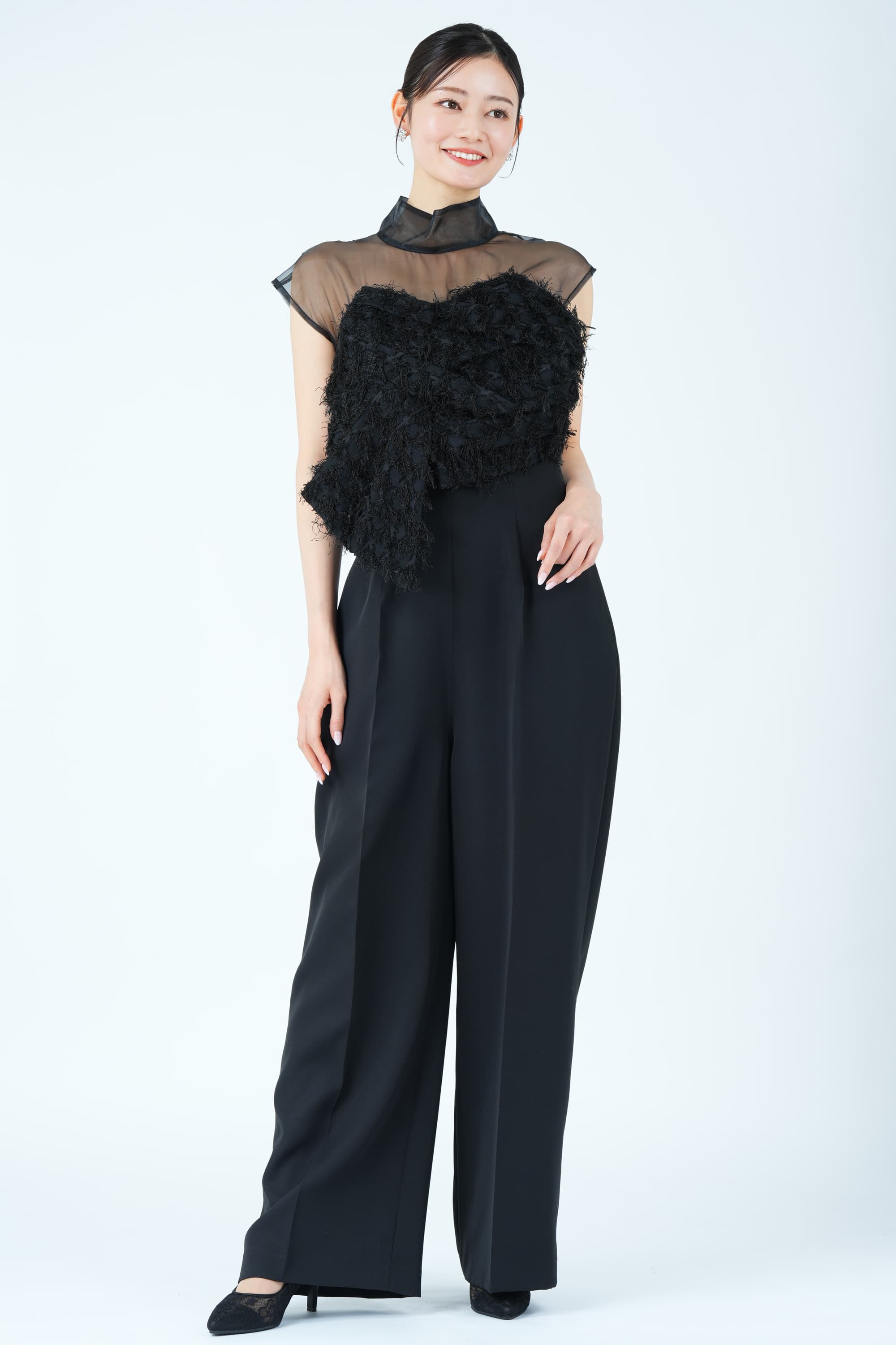 カットジャガードベアトップ風ブラックパンツドレス