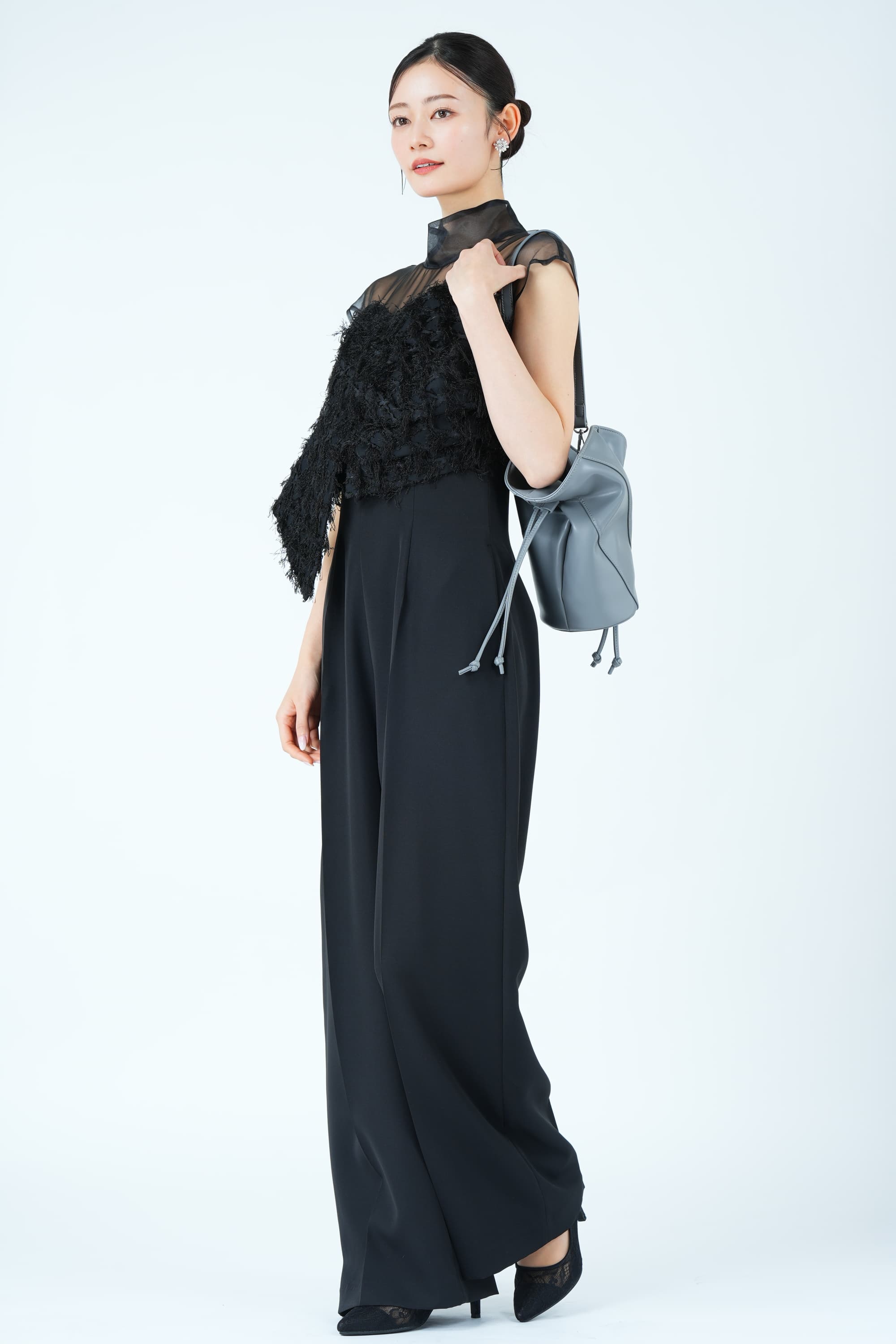 カットジャガードベアトップ風ブラックパンツドレス