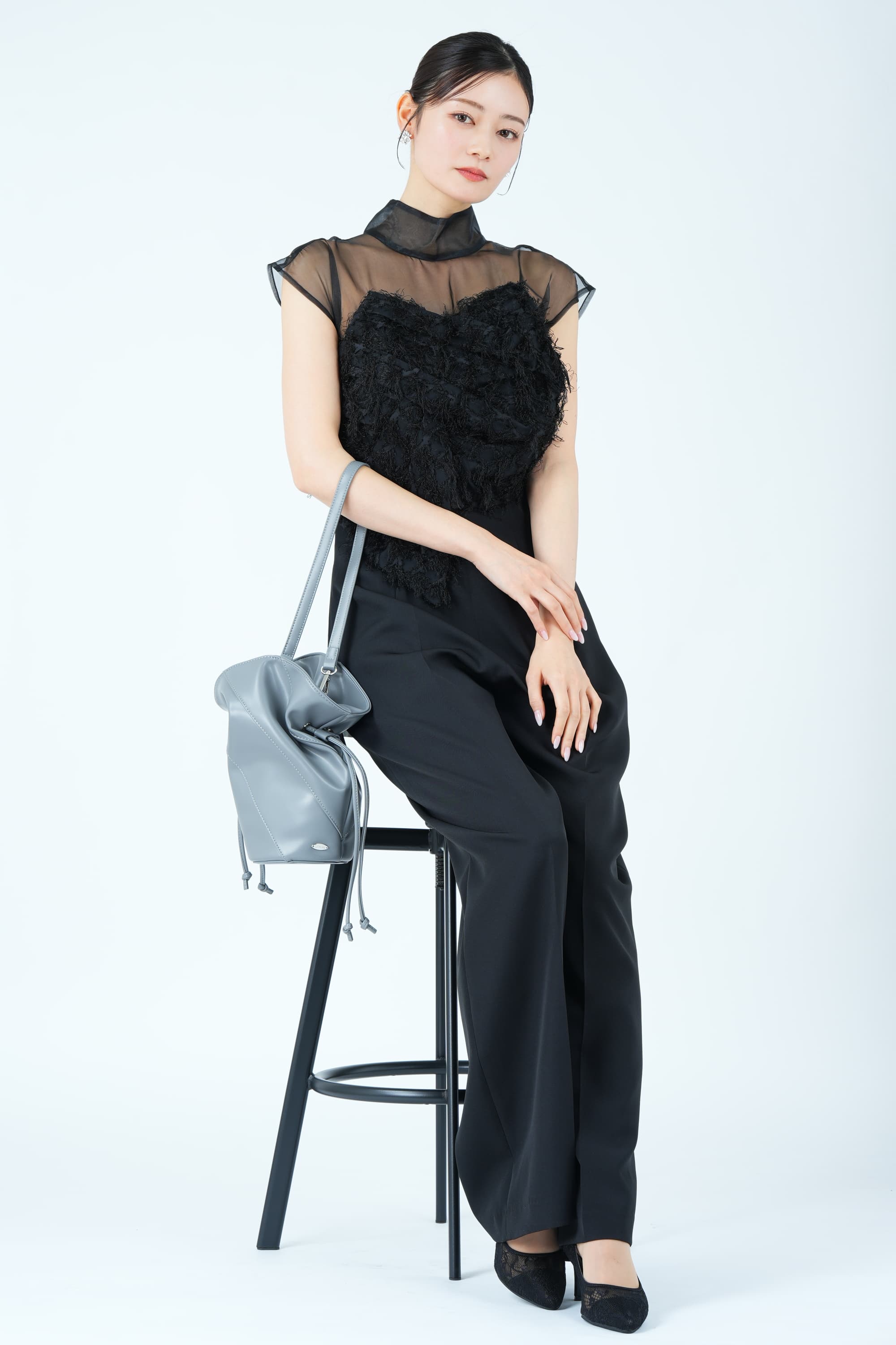 LAGUNAMOON カットジャガードベアトップ風ブラックパンツドレス (S) を