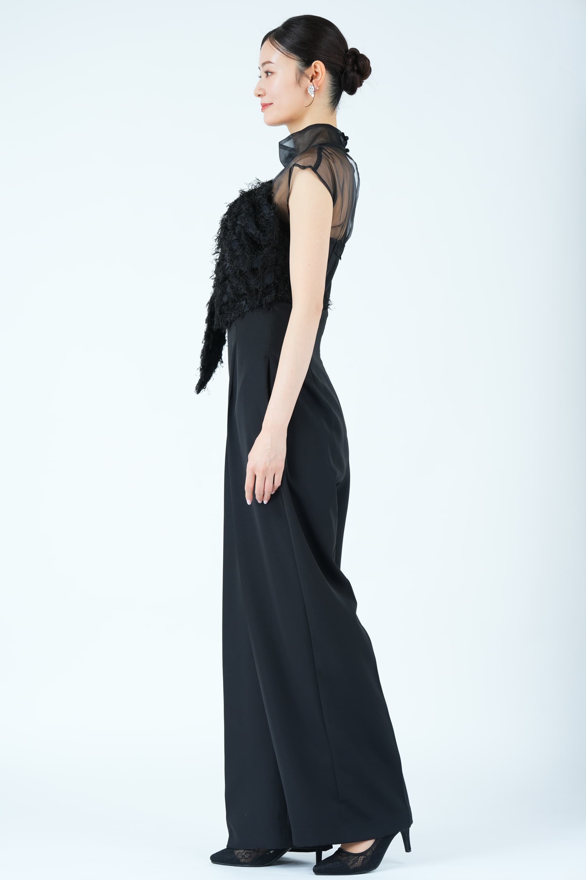 カットジャガードベアトップ風ブラックパンツドレス