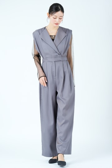 スタンドアウトカラーグレーストライプパンツドレス