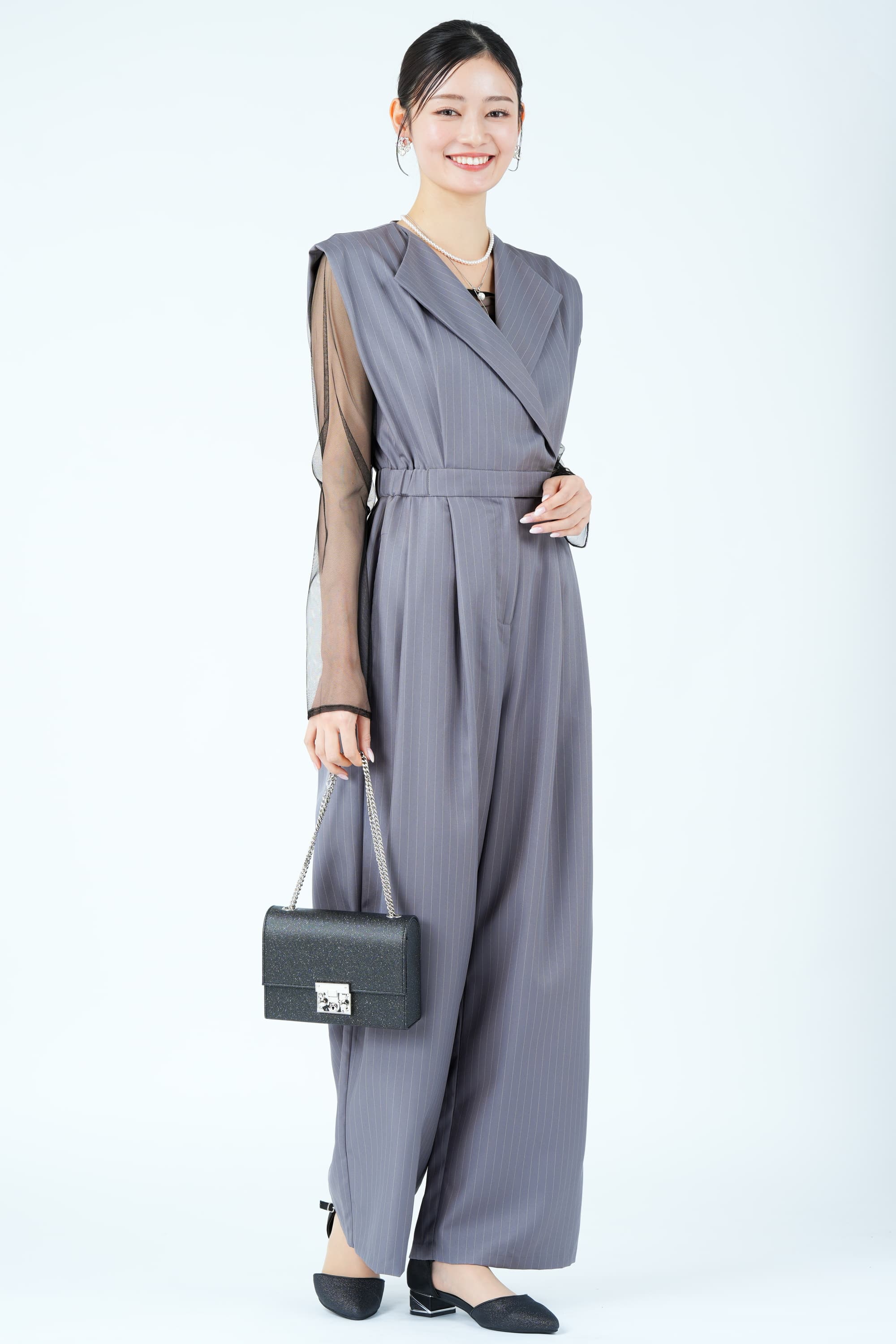 スタンドアウトカラーグレーストライプパンツドレス