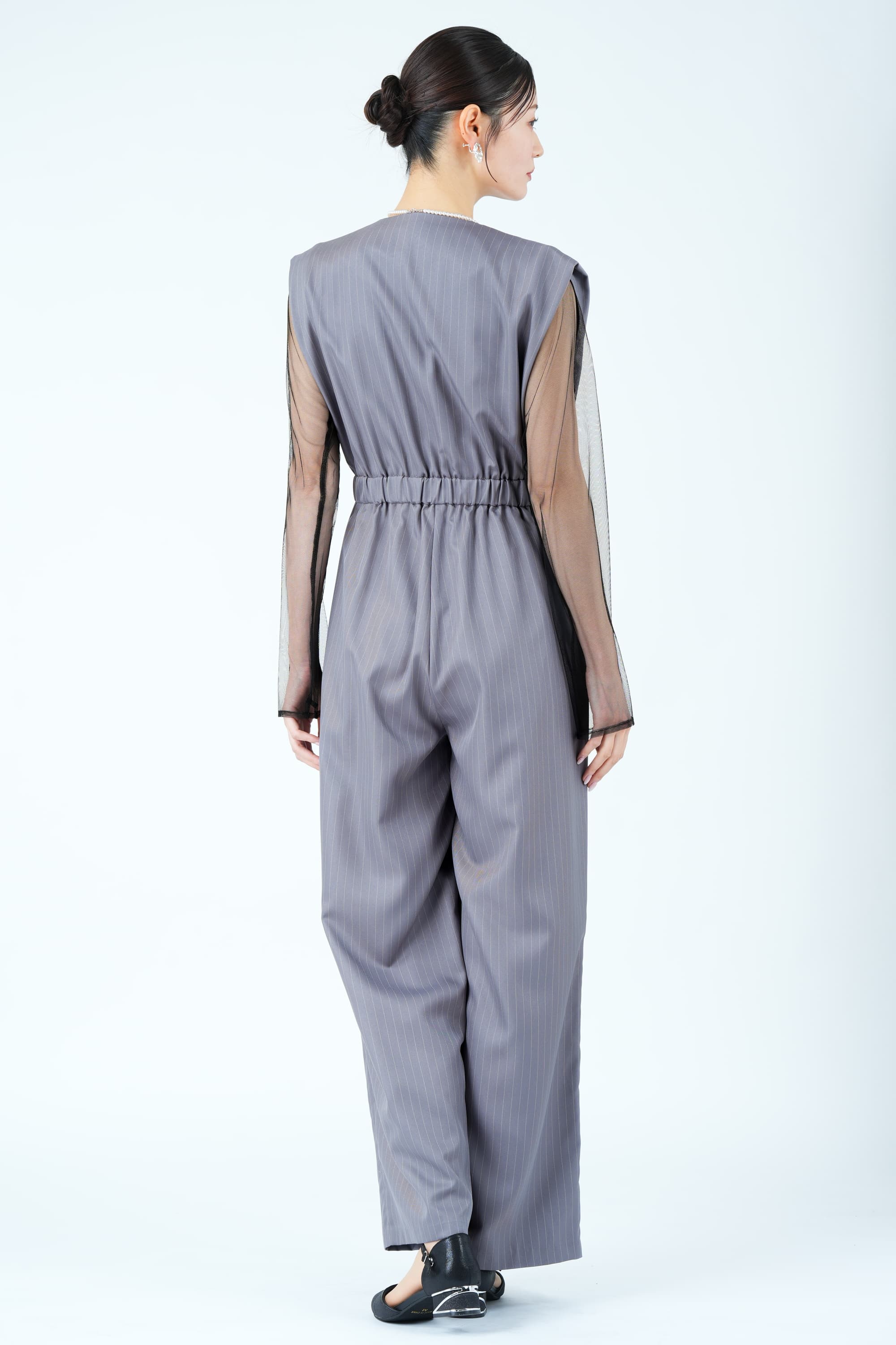 スタンドアウトカラーグレーストライプパンツドレス