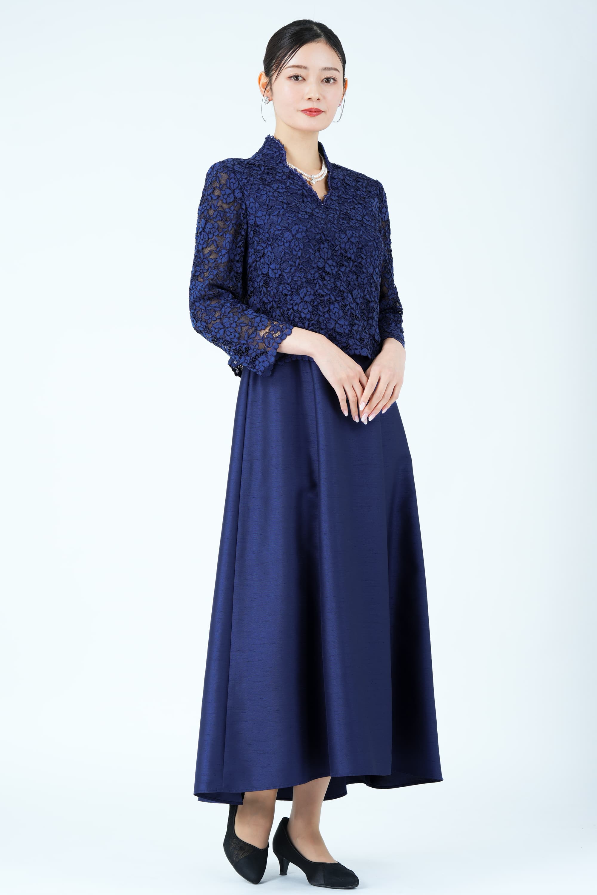 Apploberry 東京ソワール フラワーレース切り替えシャンタンネイビー