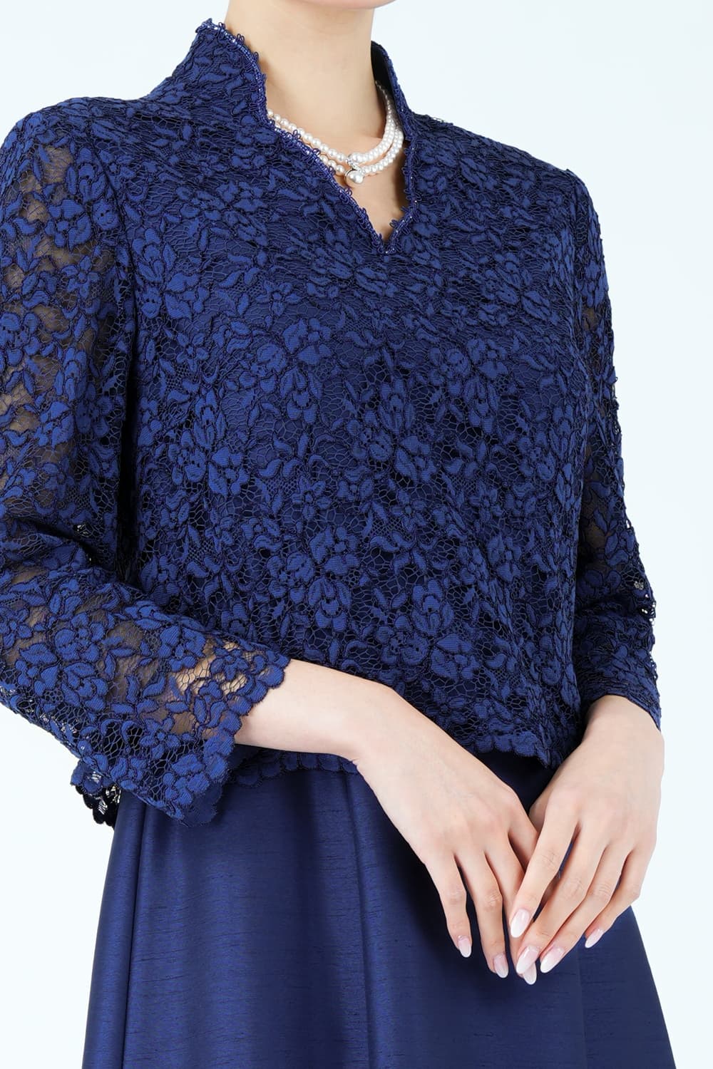 フラワーレース切り替えシャンタンネイビードレス