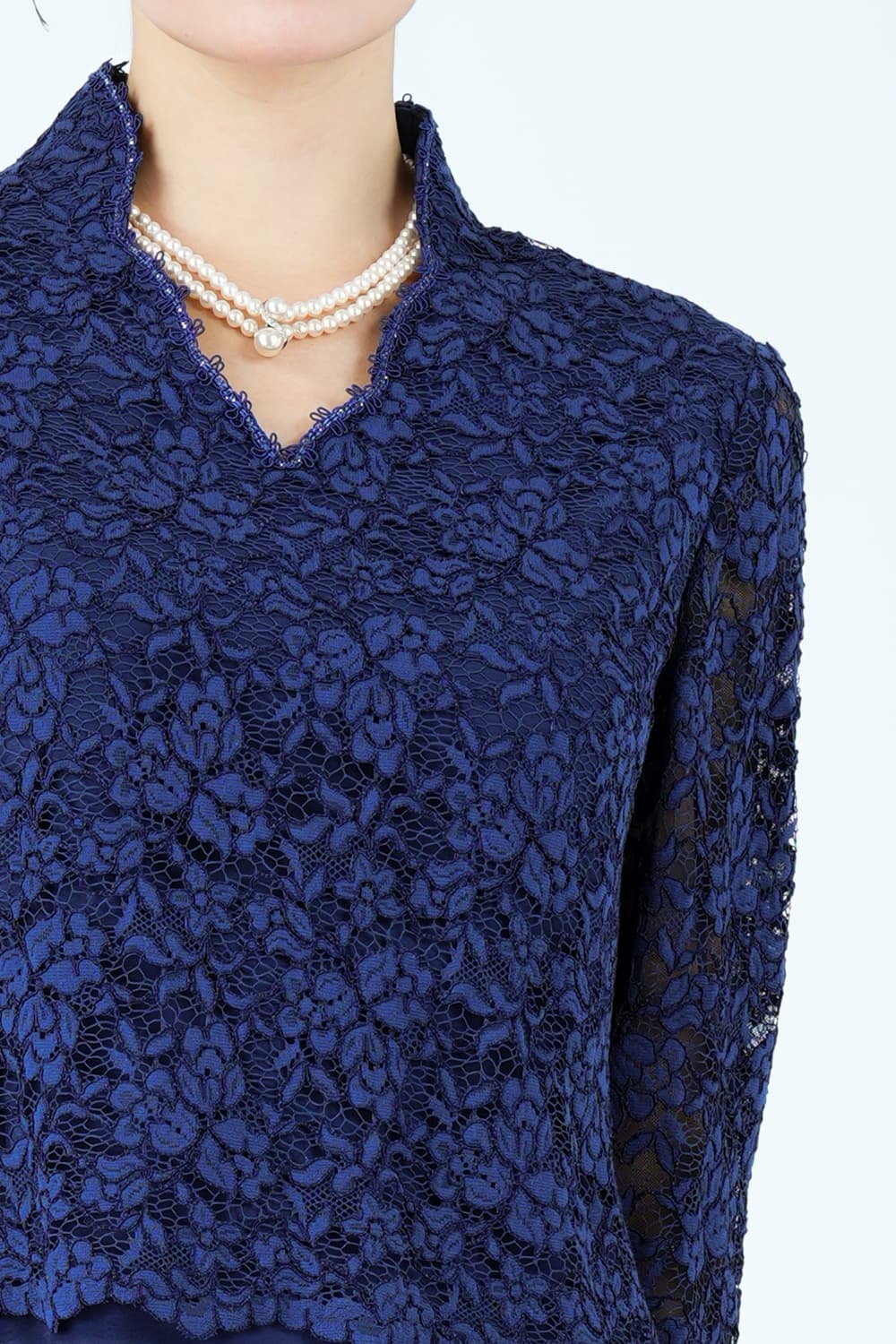 フラワーレース切り替えシャンタンネイビードレス