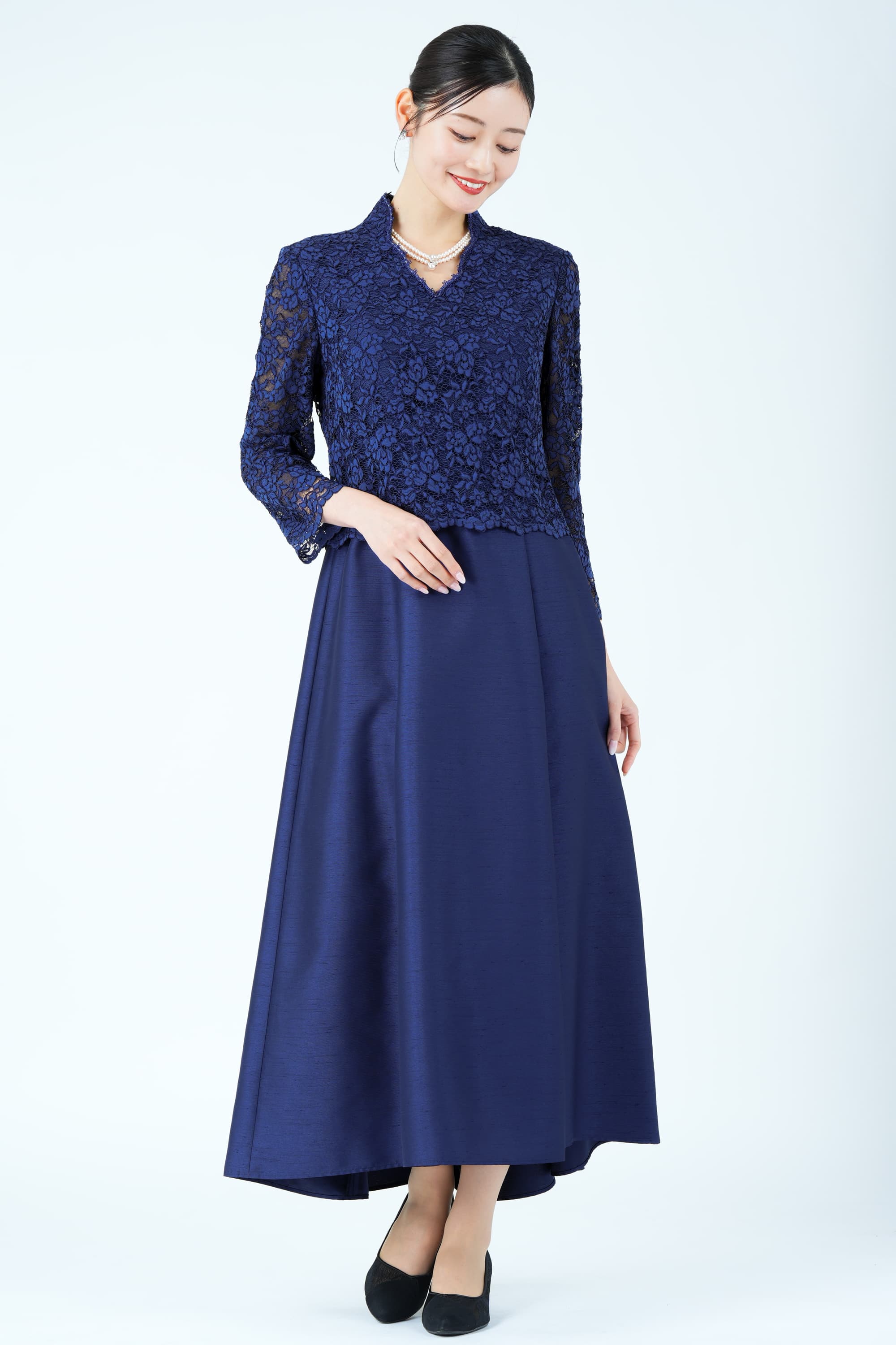 フラワーレース切り替えシャンタンネイビードレス